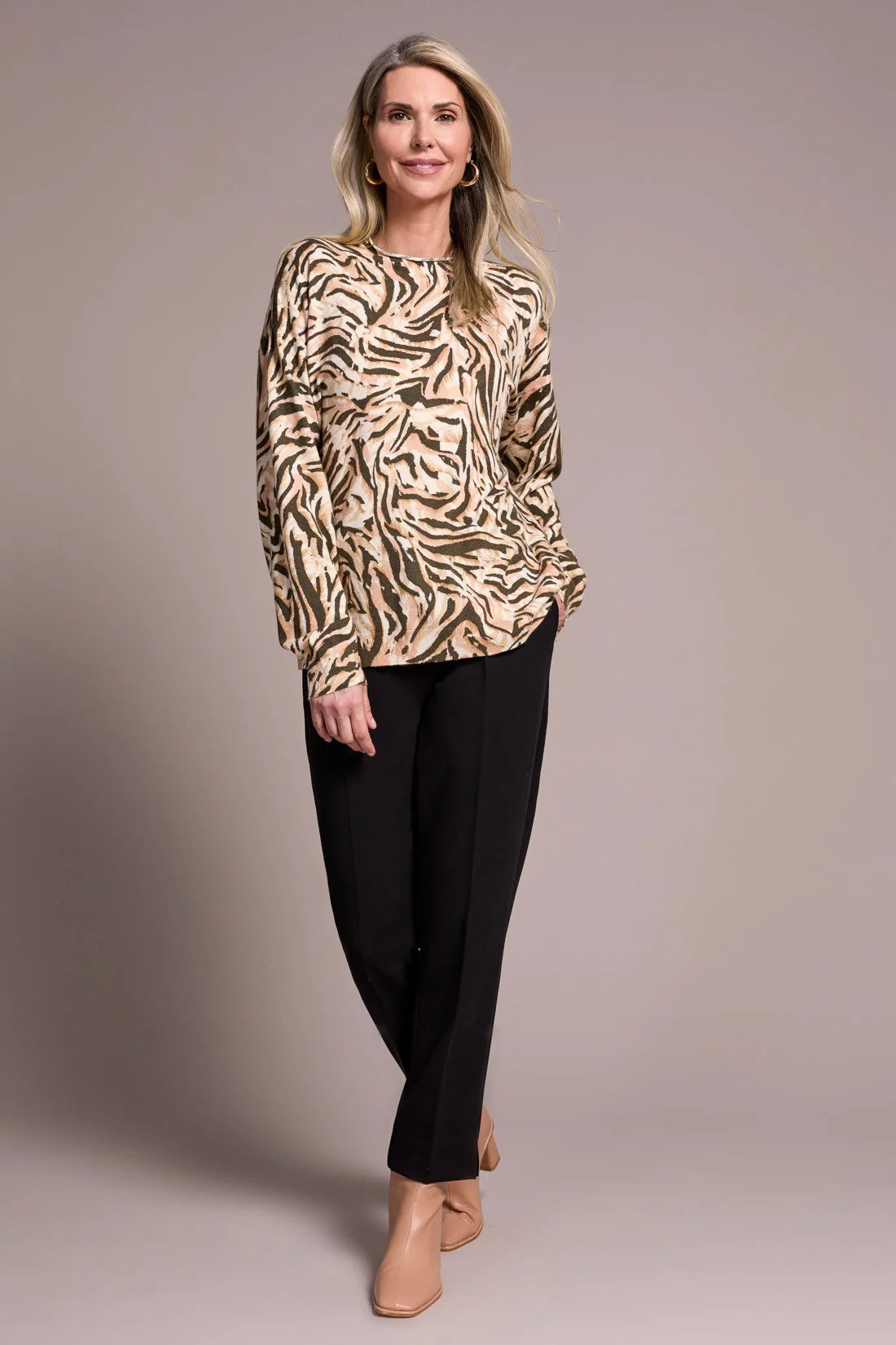 Tribal Funnel Neck Print Light-Weight Sweater PINK SALT