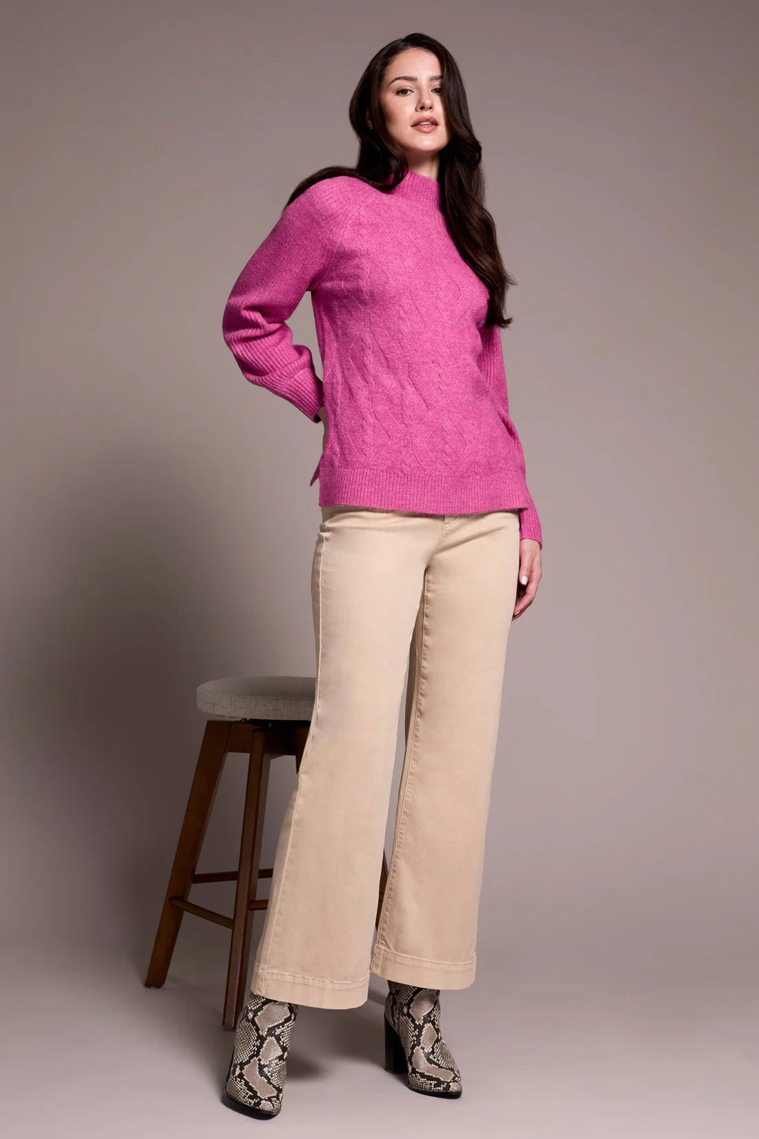 Tribal Long Puff Sleeve Mock Neck Sweater CAMEO
