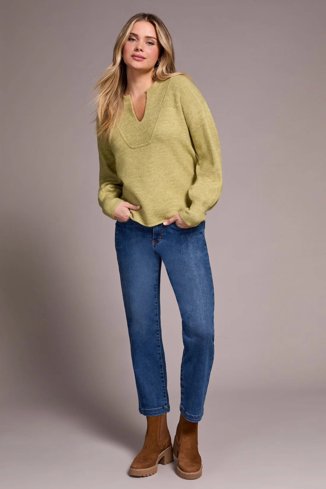Tribal Mandarin Collar Puff Sleeve Sweater LEEK