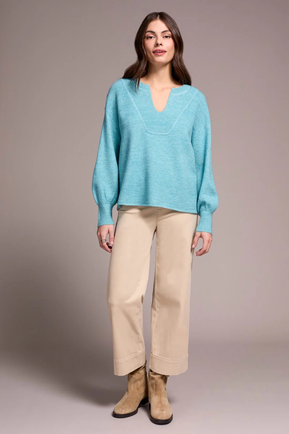 Tribal Mandarin Collar Puff Sleeve Sweater MISTBLUE