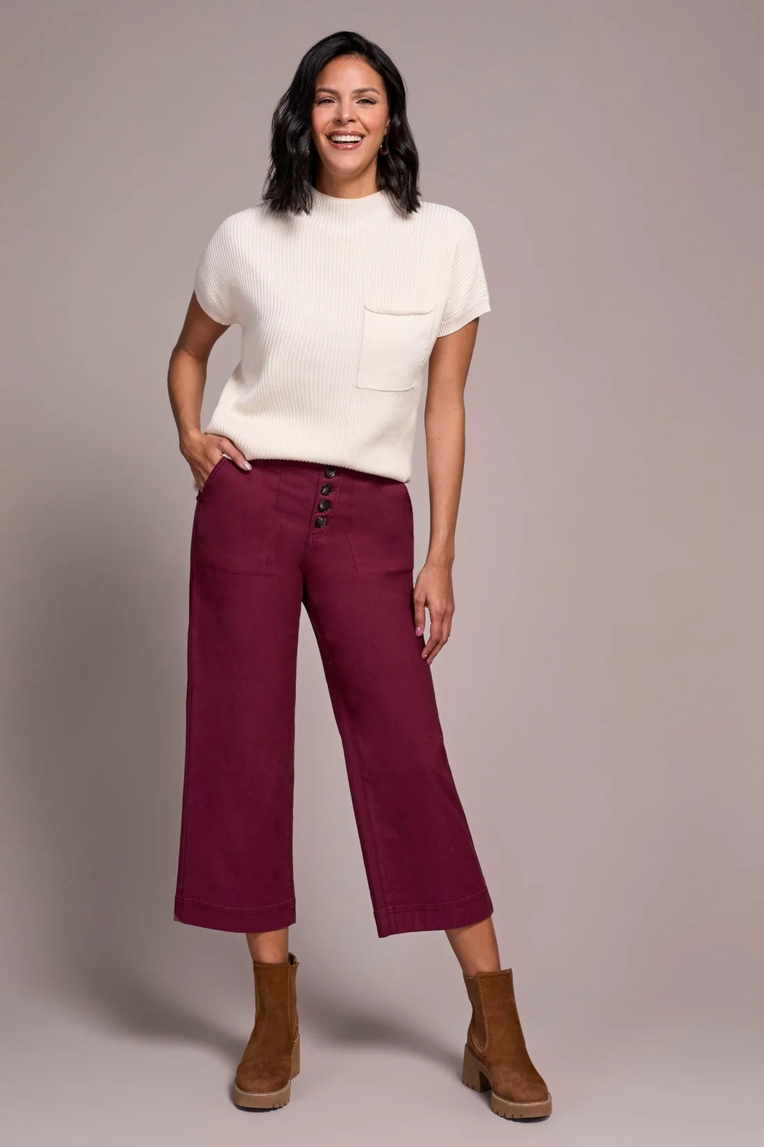 Tribal Sophia Curvy Button Fly Wide Leg Crop Jean PLUM