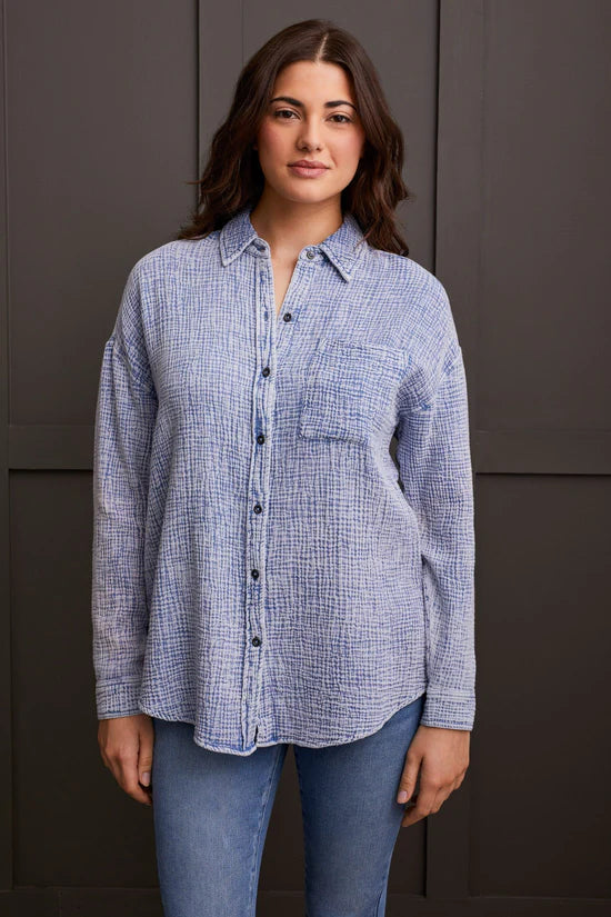 Tribal Crinkle Button-Up Shirt BLUE JAY