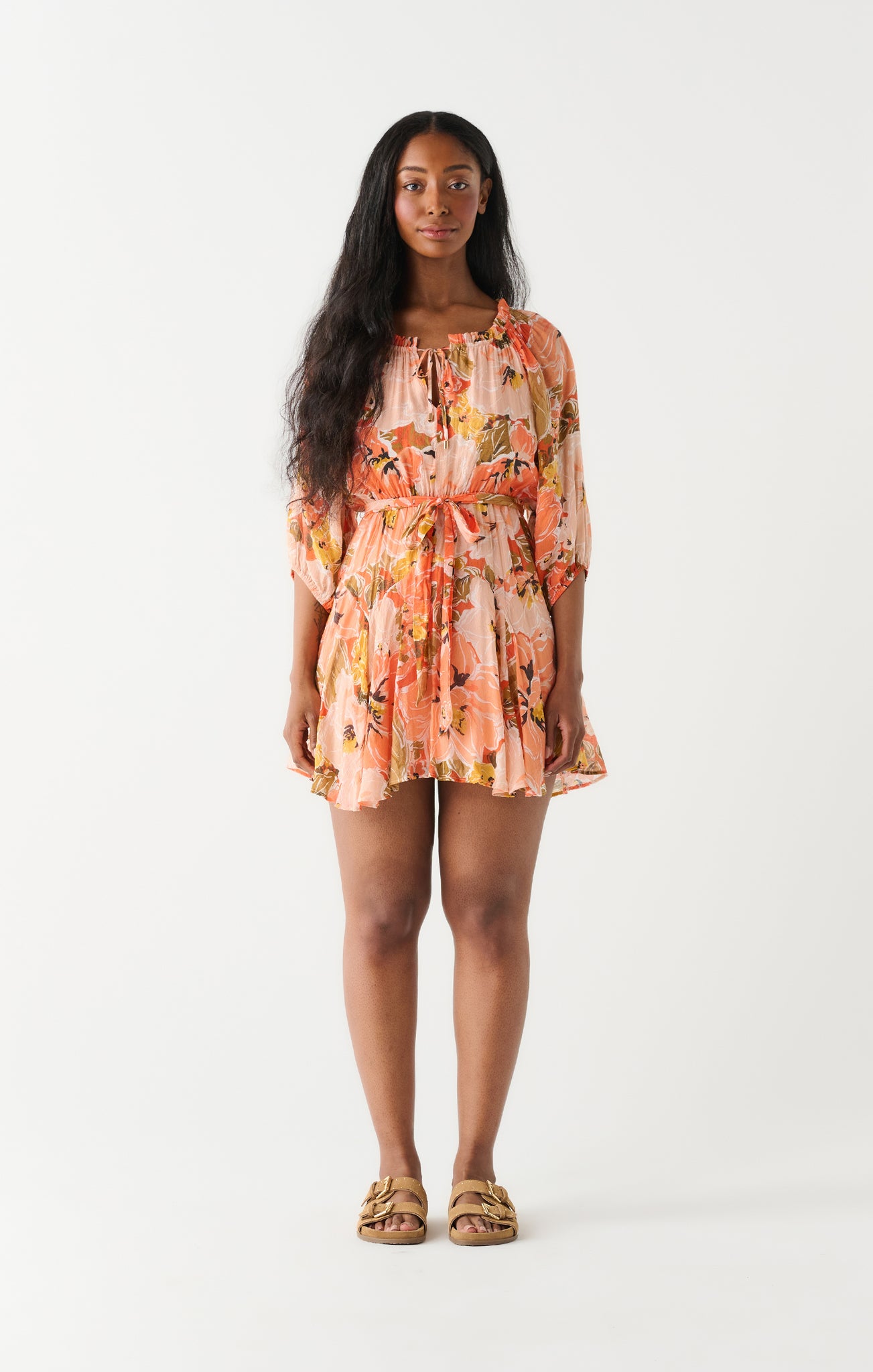 Dex Floral Puff Sleeve Belted Mini Dress ORG/PCH