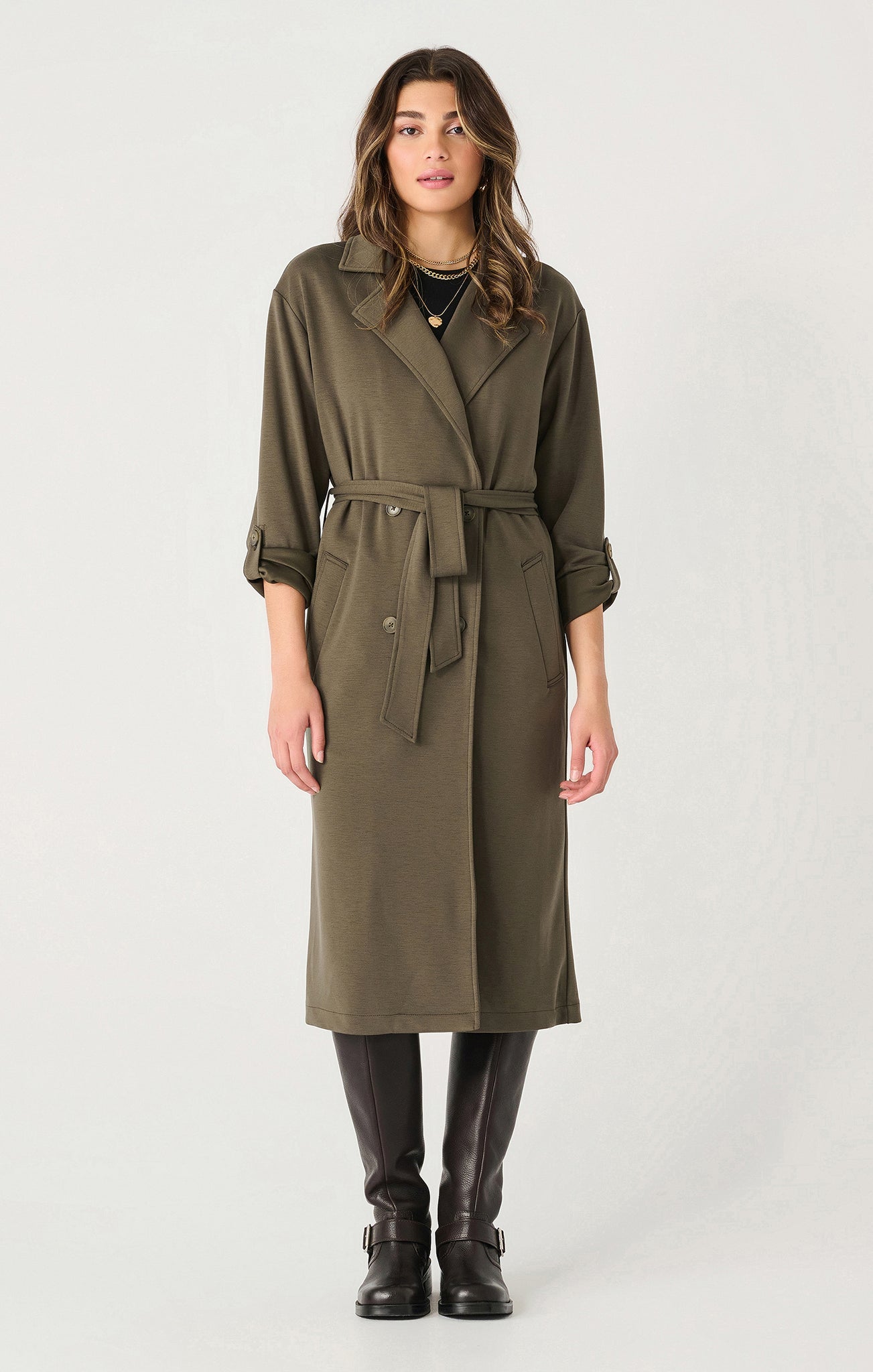 Dex Knit Double Breasted Trench Coat OLV