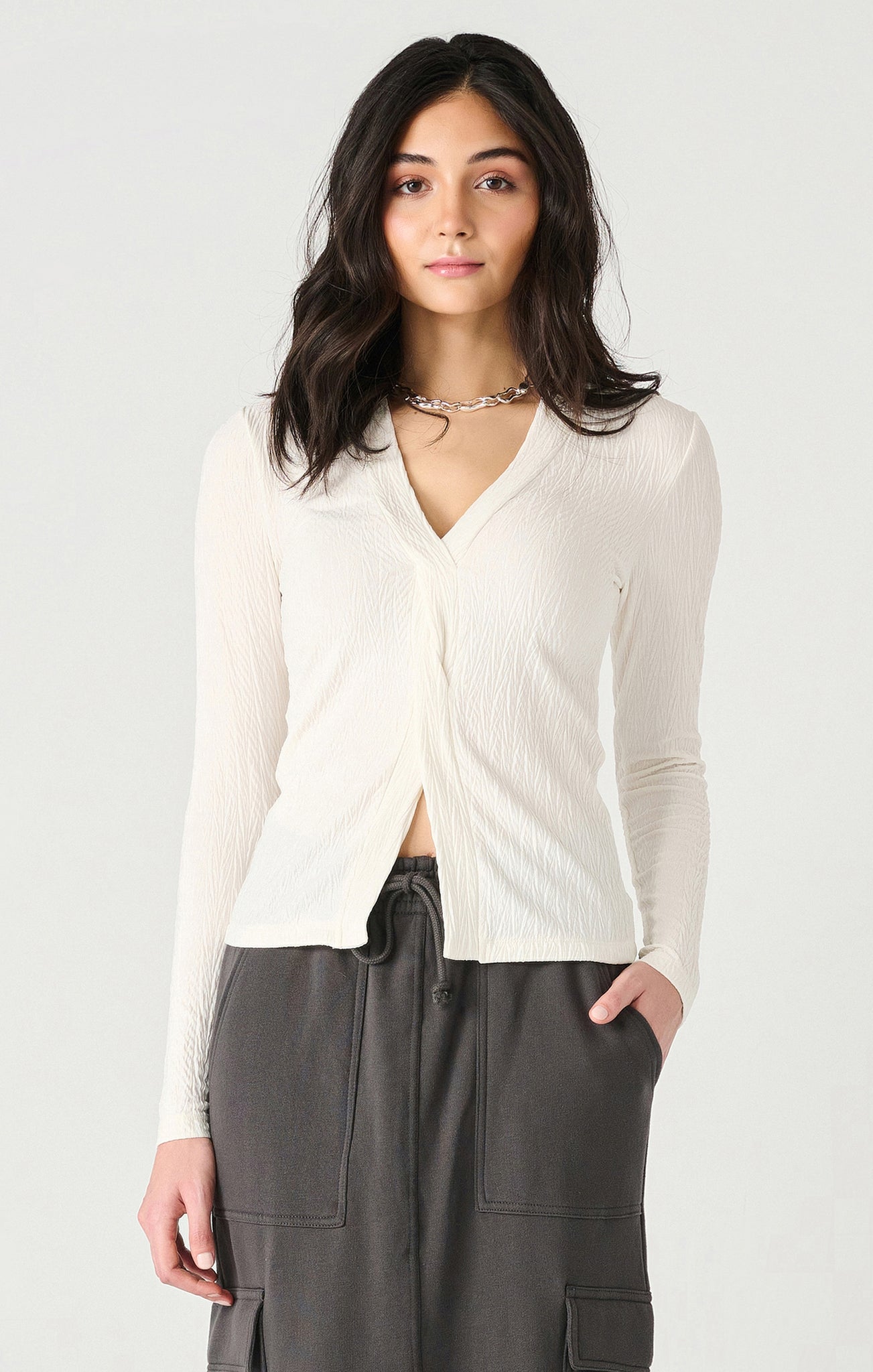 Dex Textured Twist Front L/S Top WHT