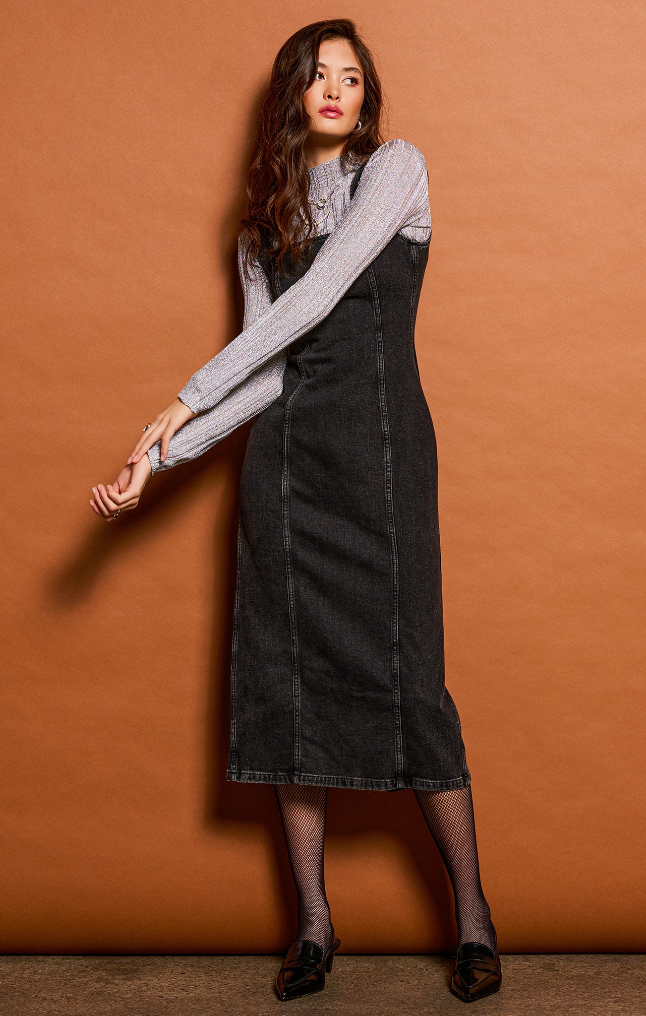 Dex S/L Denim Midi Dress BLK