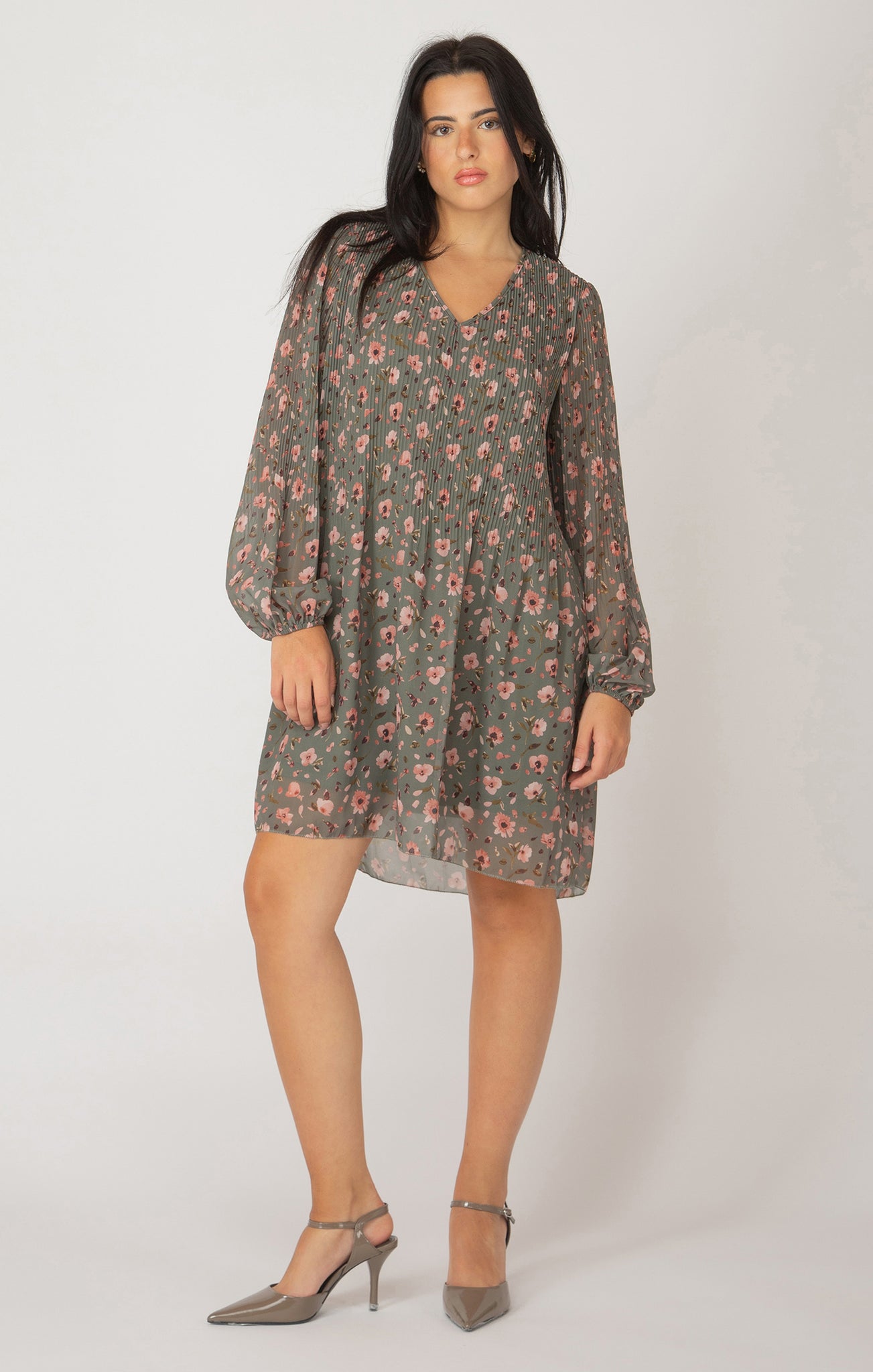 Black Tape Floral L/S Pleated A Line Dress GRN/BLSH