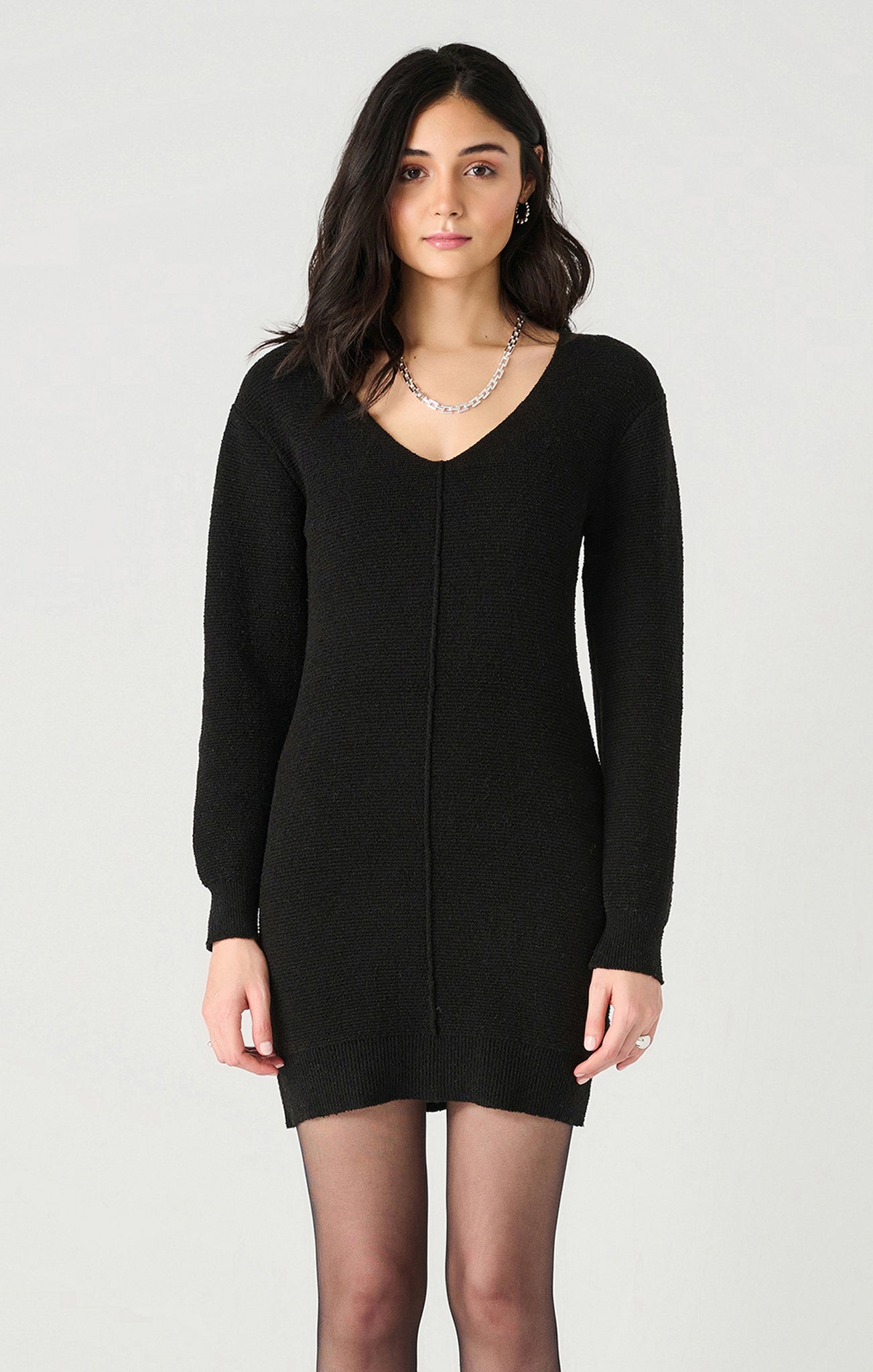 Dex V Neck Ribbed Sweater Dress BLK