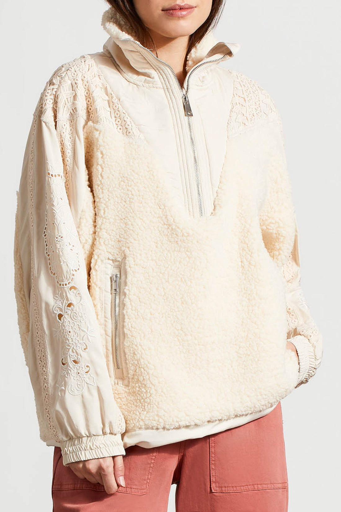 Tribal Front Zip Pull Over Lace Detail Sweatshirt MOONSTONE