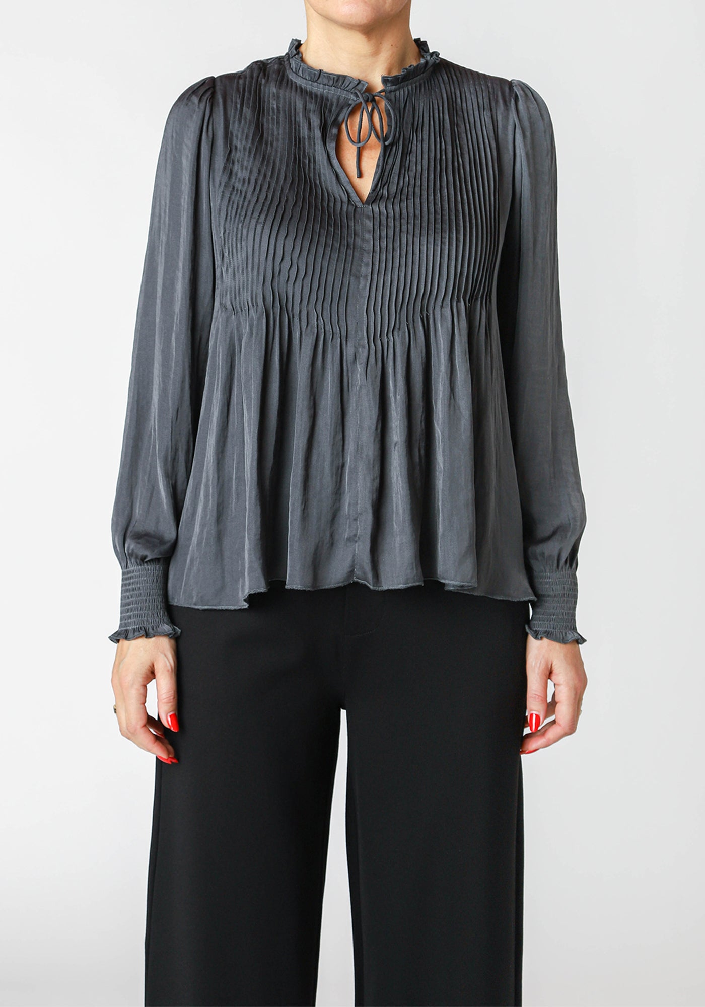 Black Tape Pintuck Long Sleeve Blouse COAL