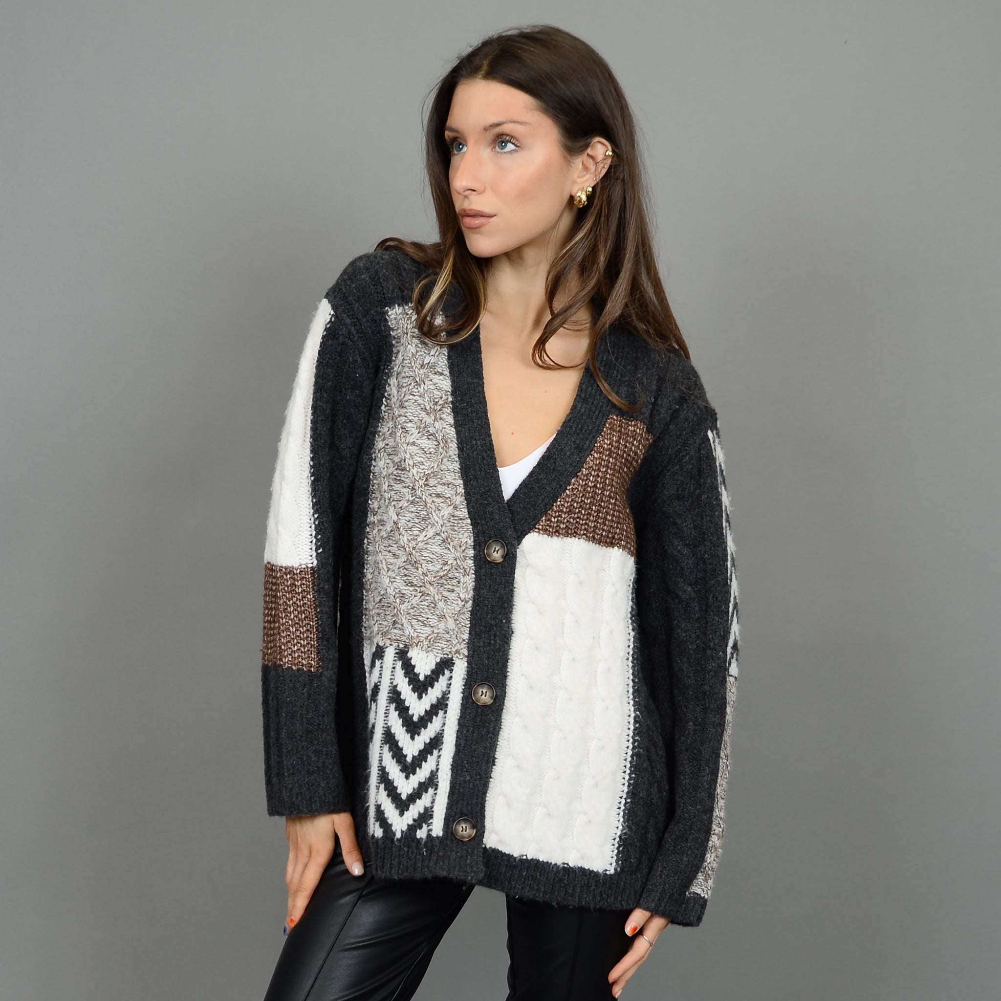 RD Style Ludmila Mixed Media V Neck Cardigan CHAR