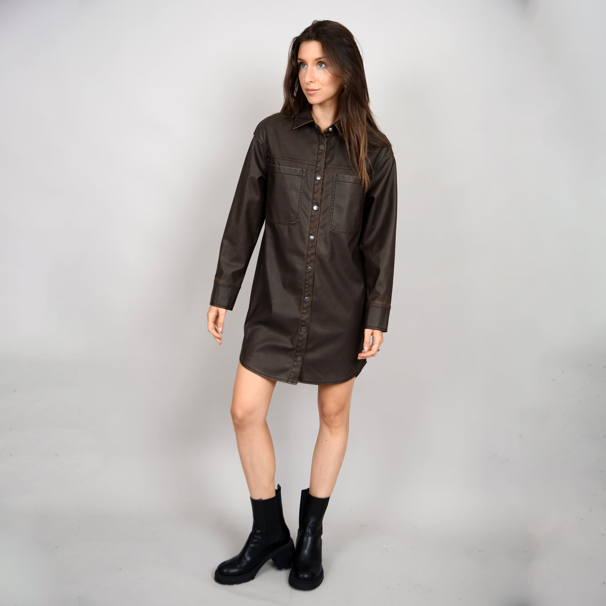 RD Style Aliska Faux Lthr Shirt Dress CEDAR BRN