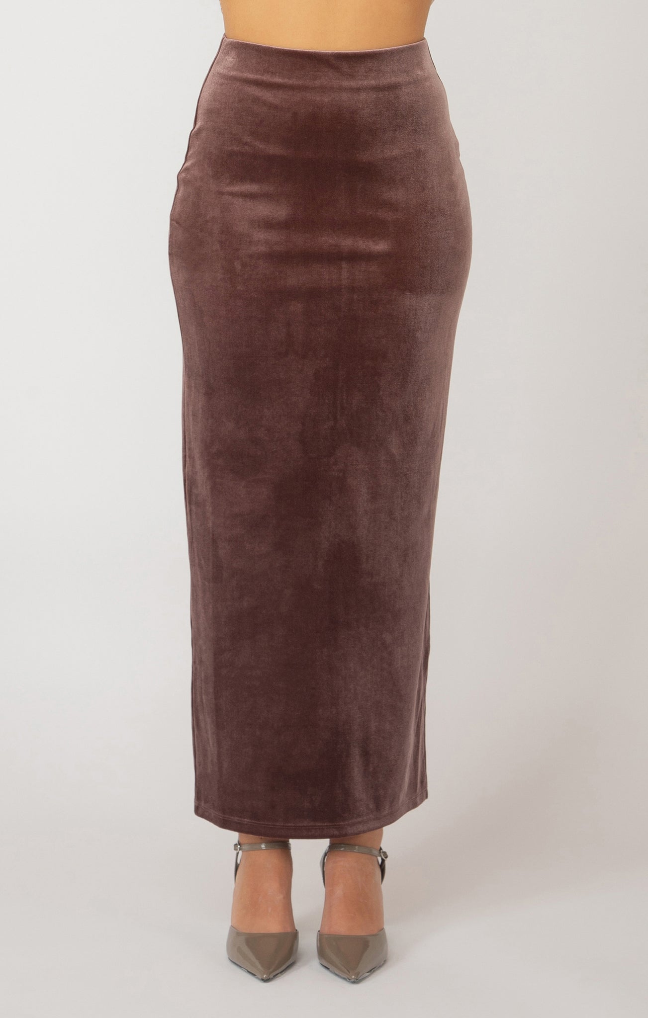 Black Tape Pull On Velvet Maxi Skirt CHESTNUT