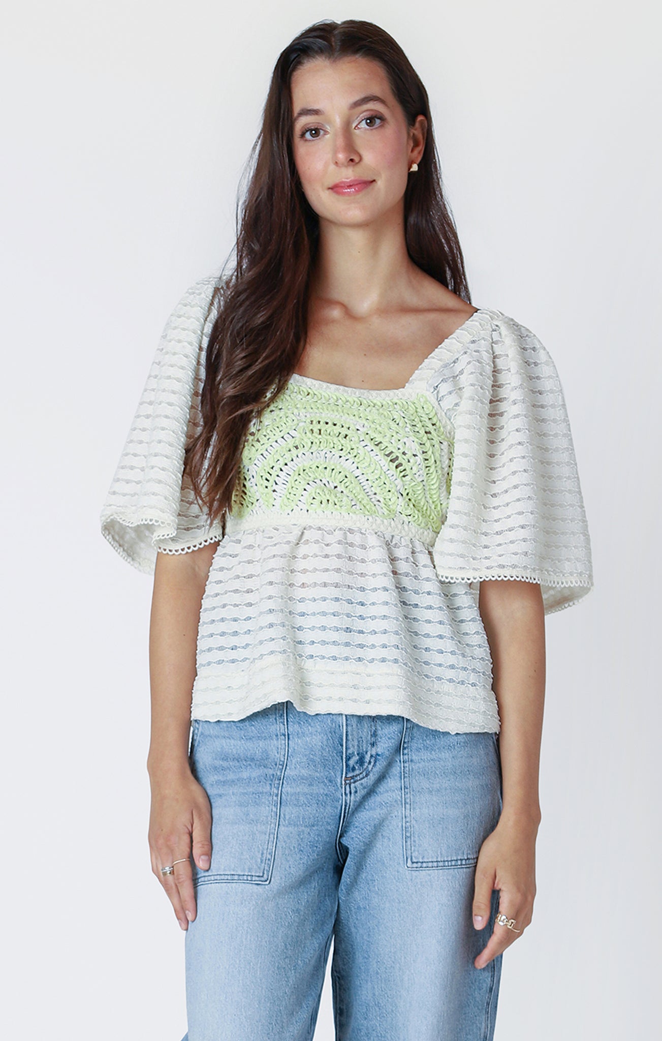 Dex Flutter Sleeve Crochet Front Top IVORY