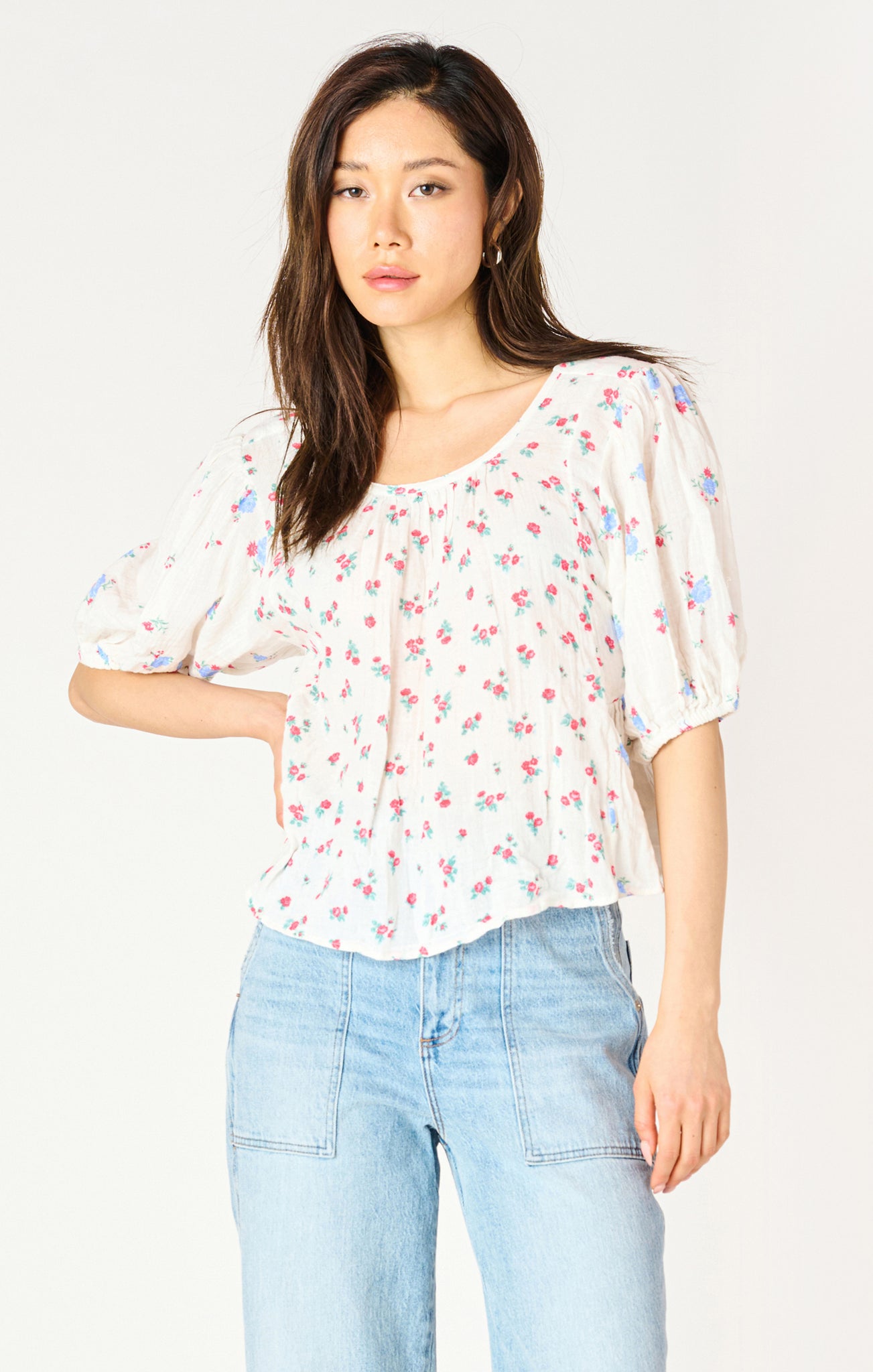 Dex Floral Puff Sleeve S/S Top WHT