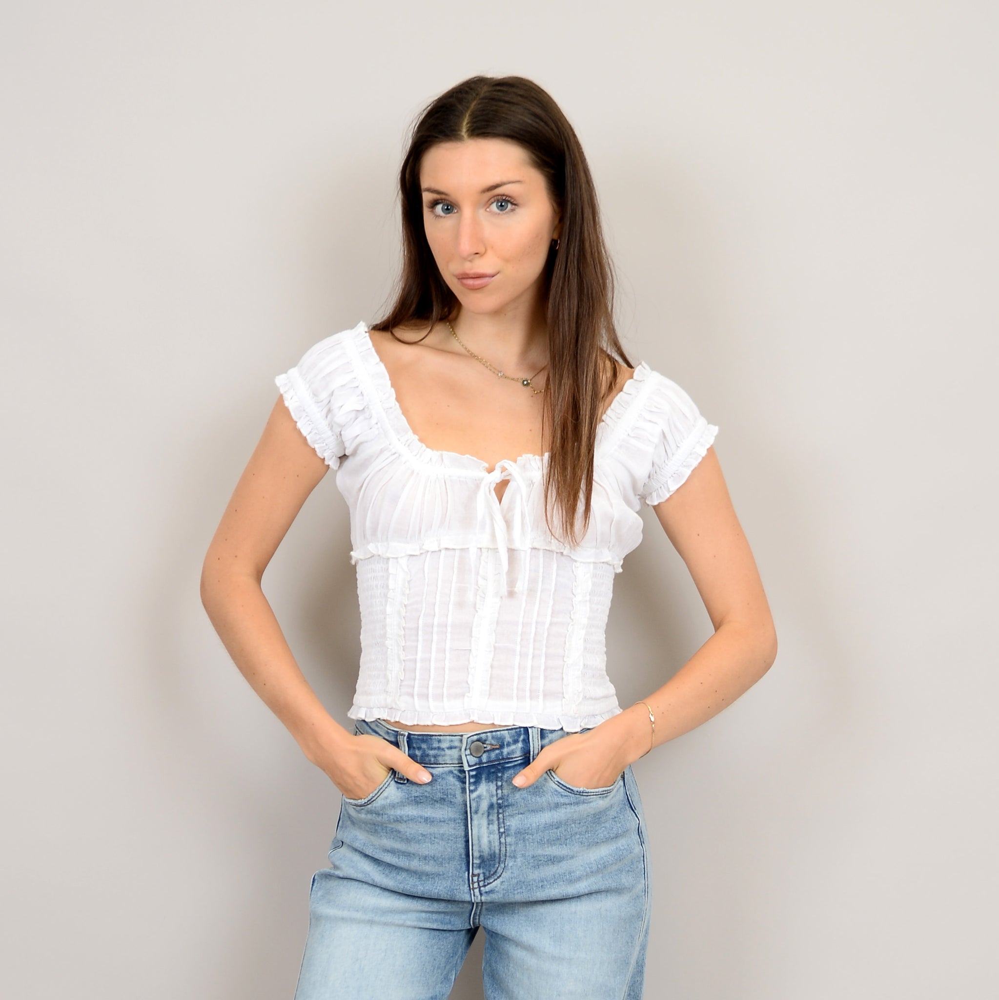 RD Style Mica Shirred S/S Top WHT