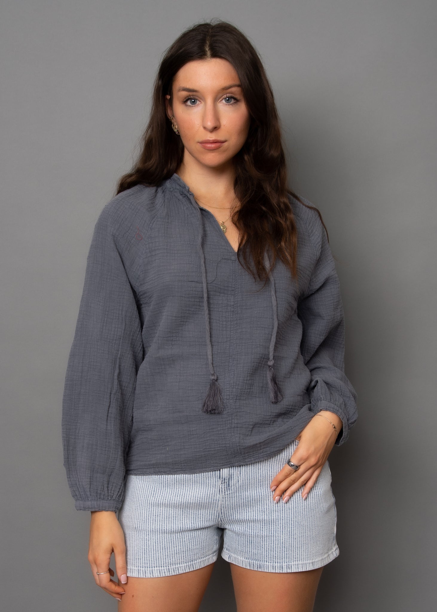 RD Style Milana Puff Sleeve L/S Vnck Top COAL