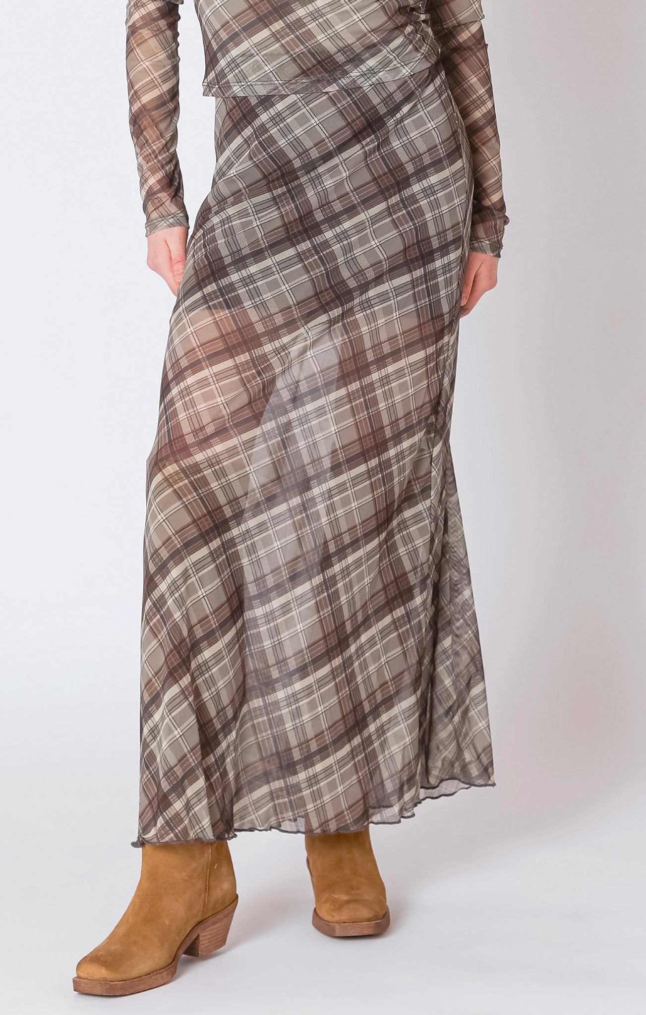 Dex Plaid Mesh Midi Skirt NEUTRAL