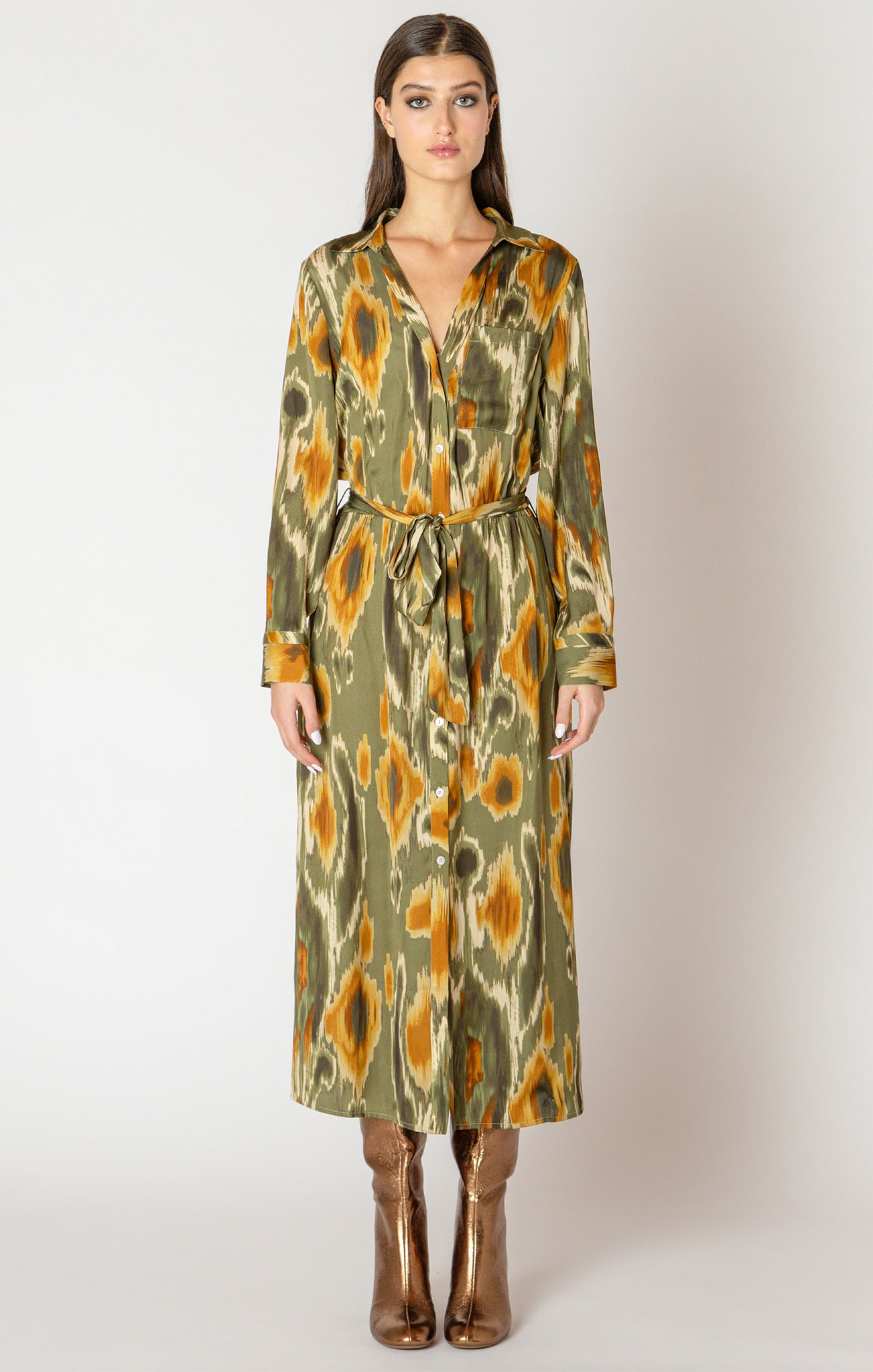 Black Tape Print L/S Midi Shirt Dress FLORAL