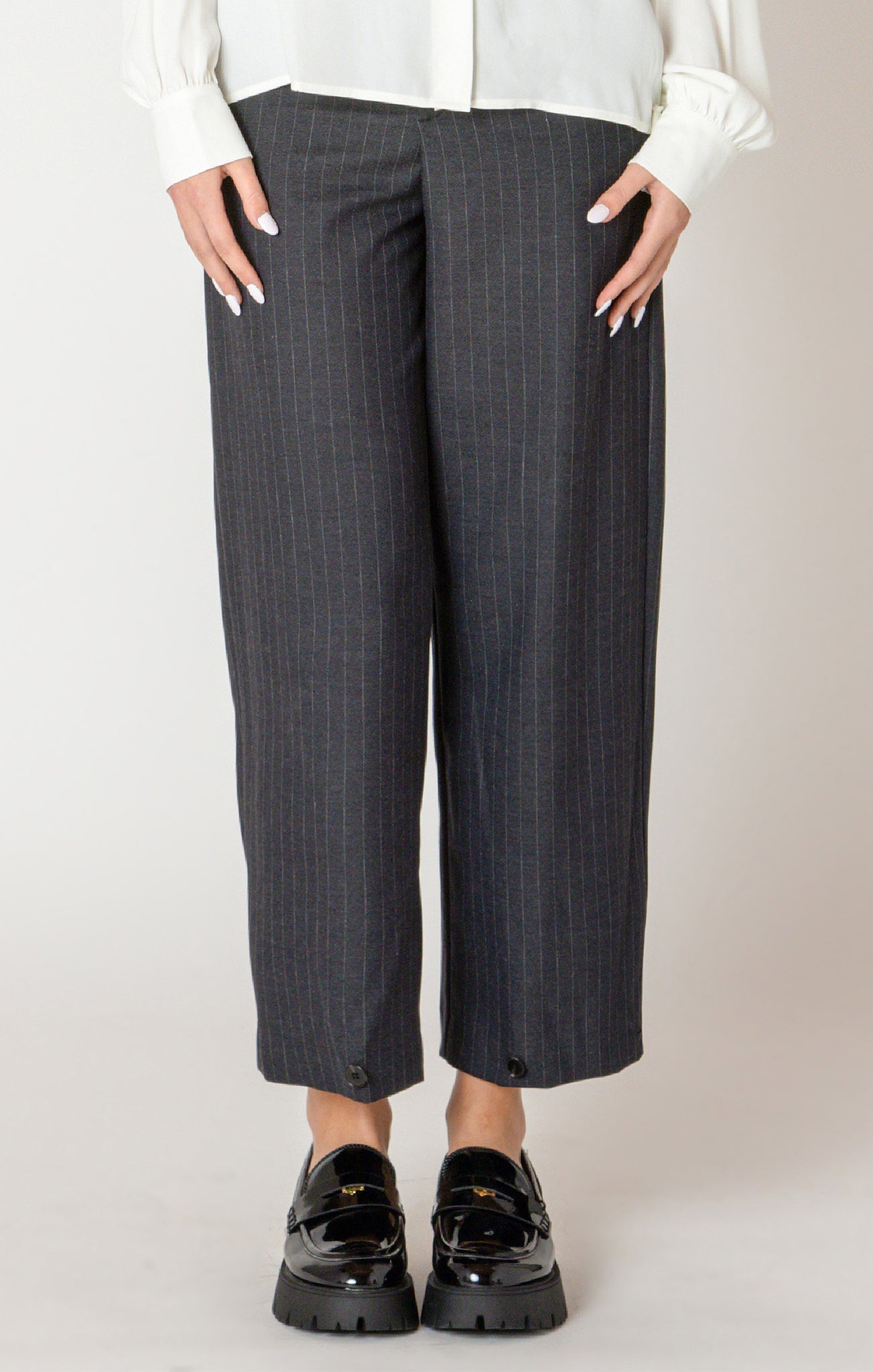 Black Tape Pinstripe Button Hem Pant CHAR