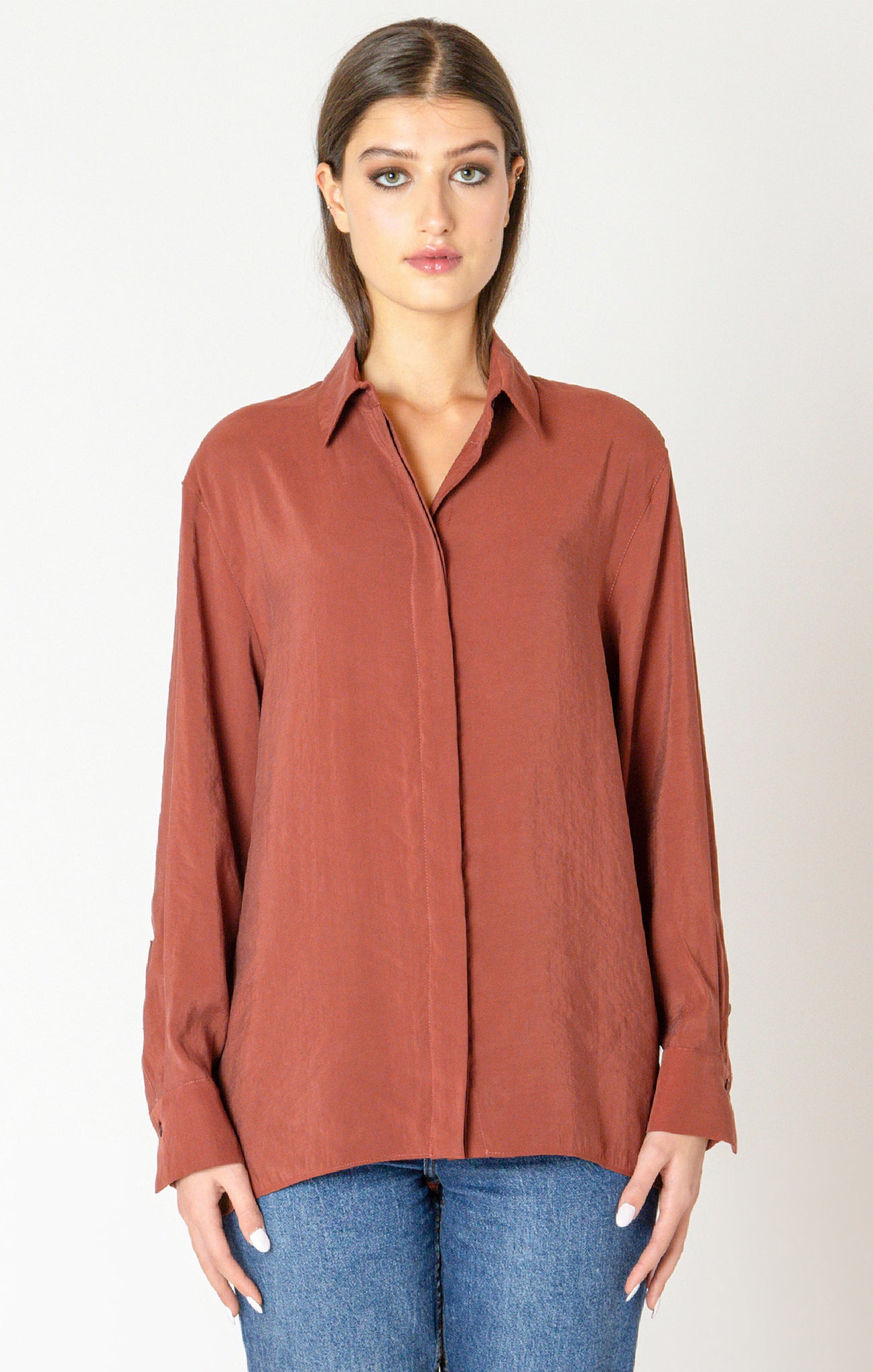 Black Tape Button Back Flowy Blouse TERRACOTTA