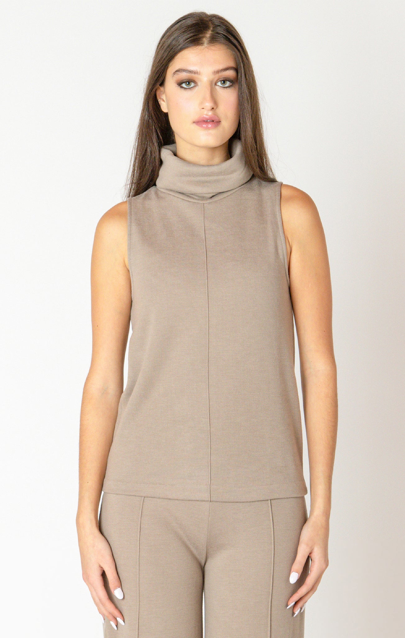 Black Tape Roll Neck Seamed S/L Top ALMND