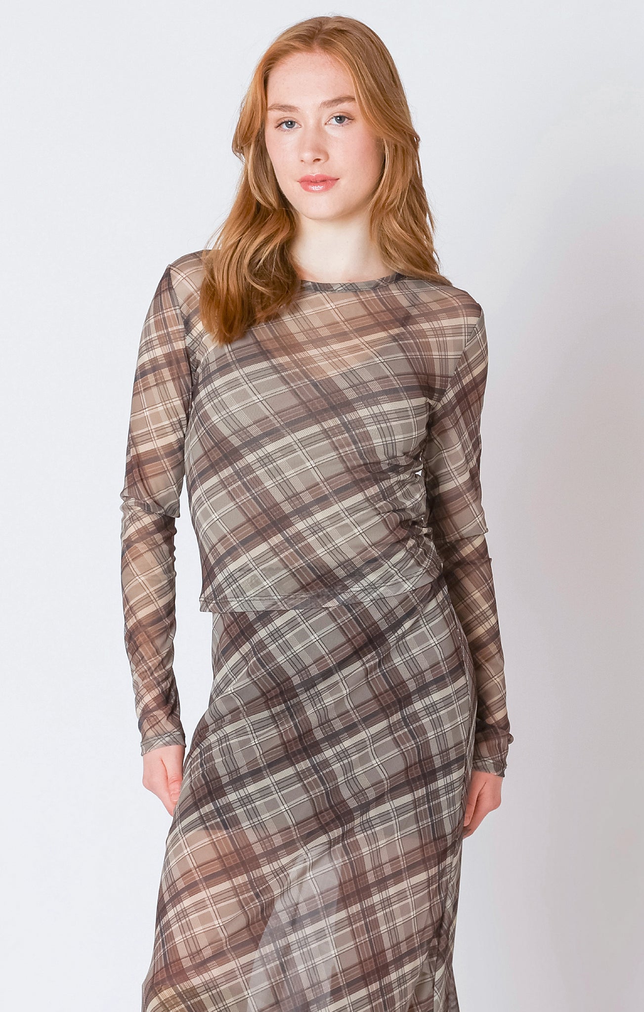 Dex Plaid Mesh Long Sleeve Top NEUTRAL