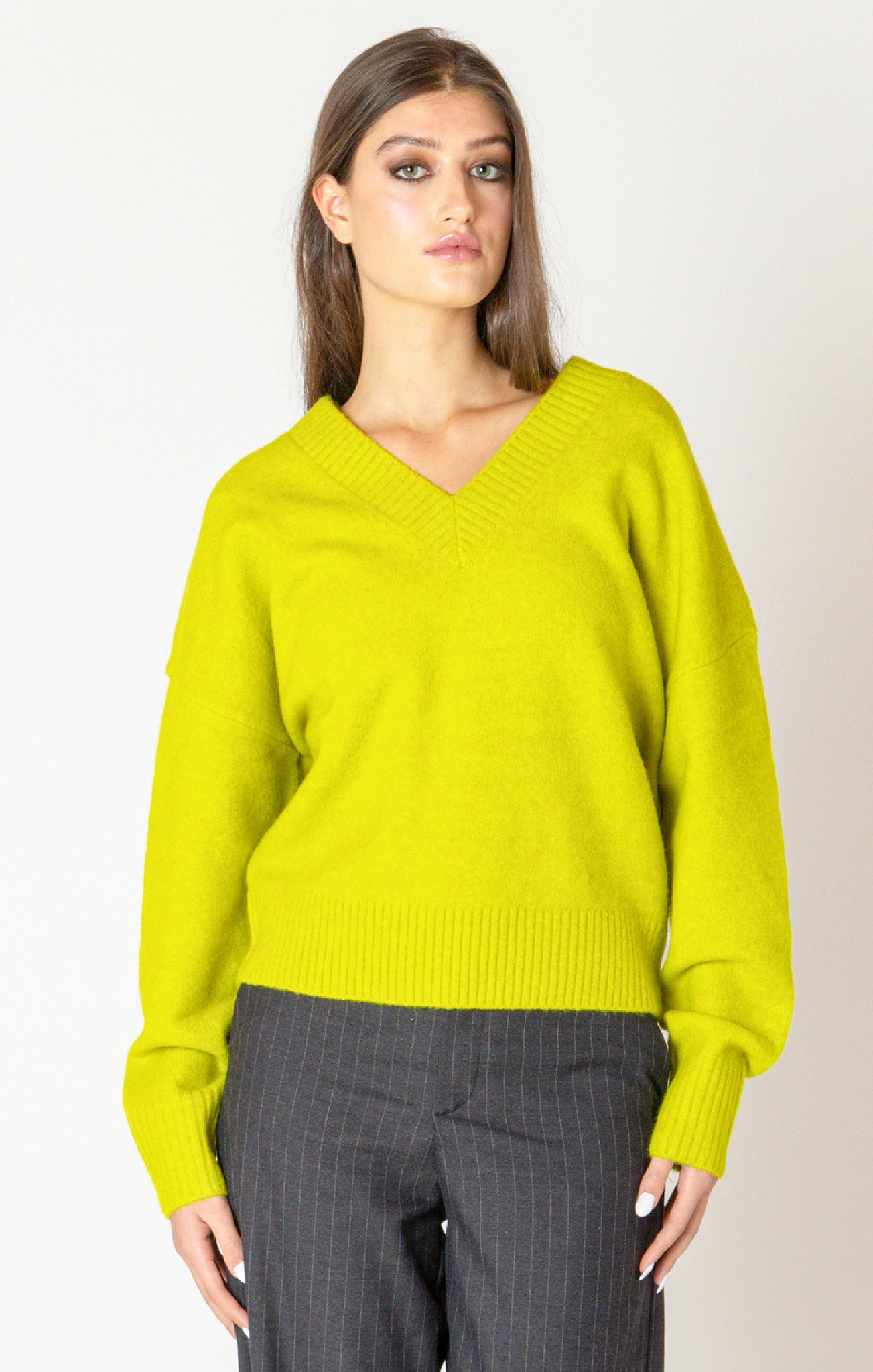 Black Tape Rib Trim V Neck Sweater LIMELIGHT