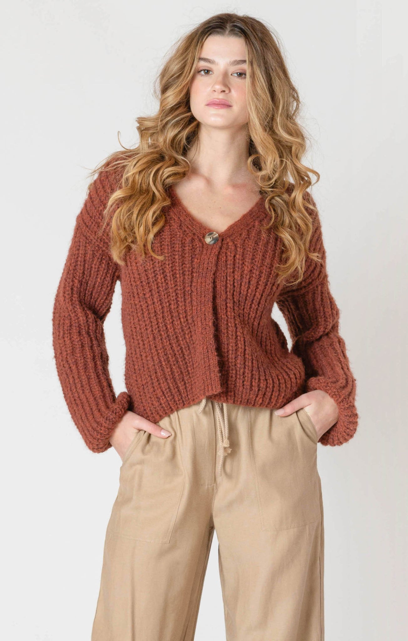 Room 34 Single Button Knit Cardigan CINNAMON