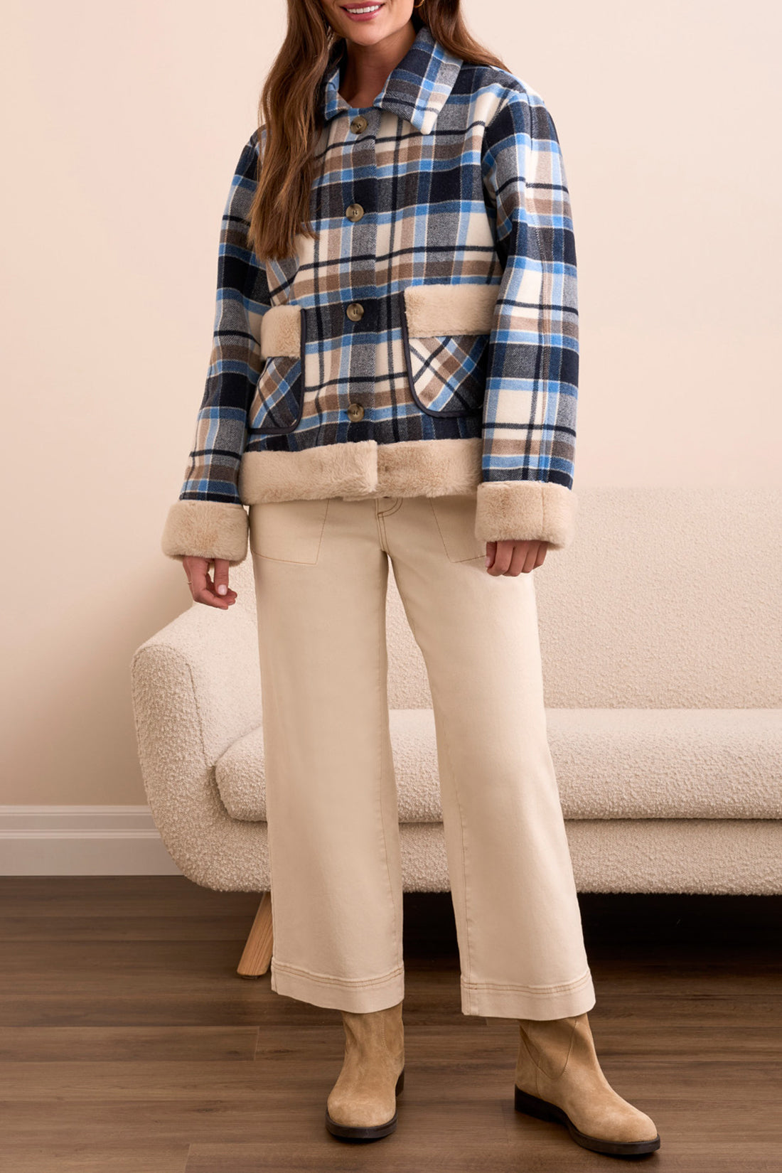 Tribal Plaid Button Front Jacket SAPPHIRE