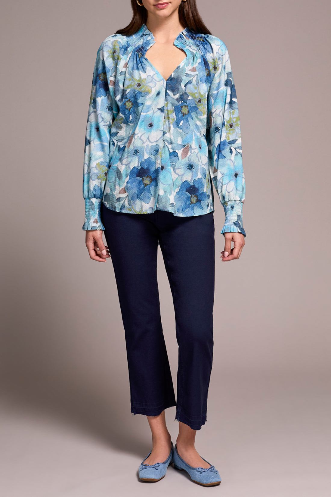 Tribal Smock Detail Floral Long Sleeve Blouse SLATEBLUE