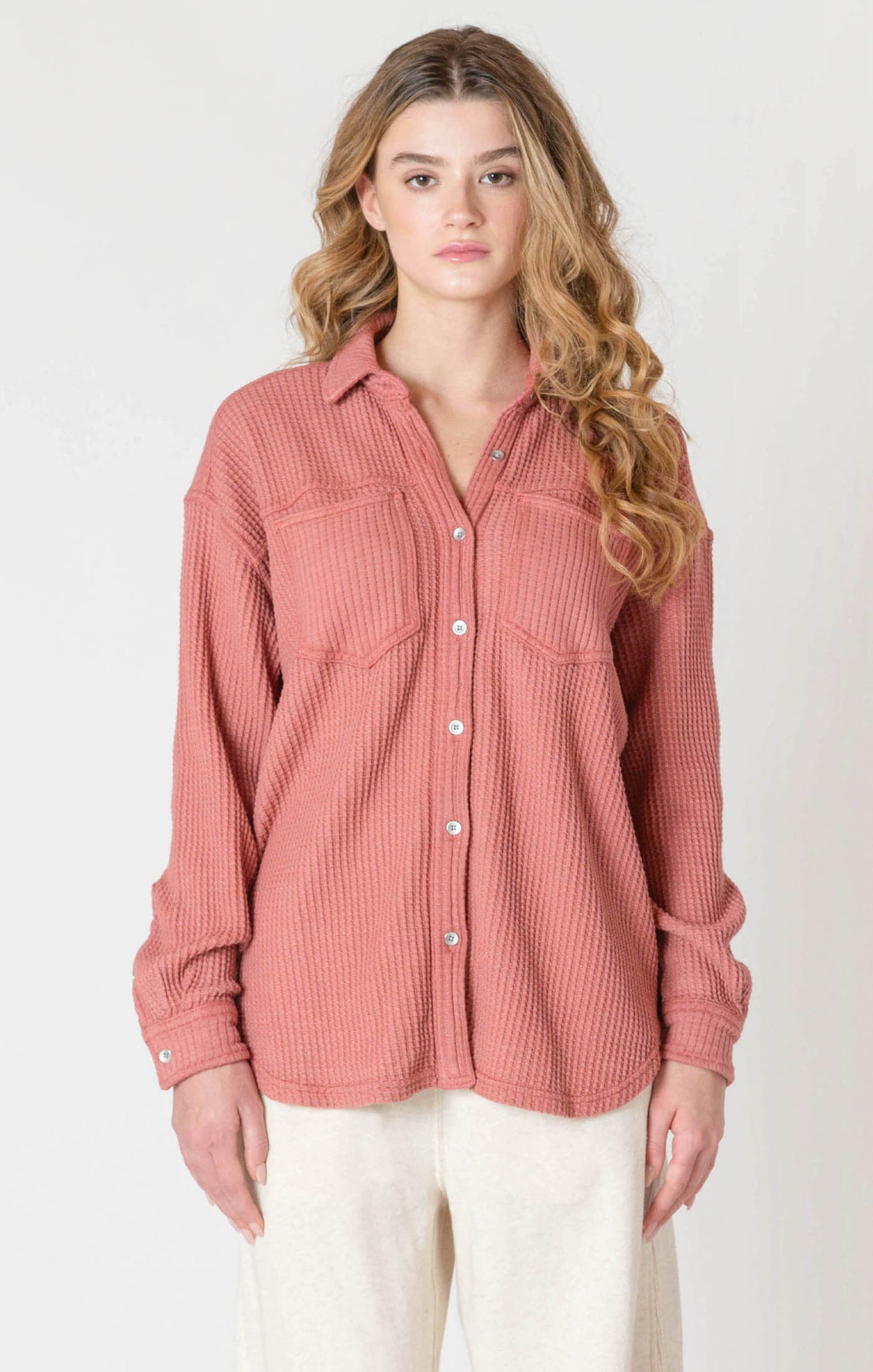 Room 34 Thermal Long Sleeve Button Front BRICK