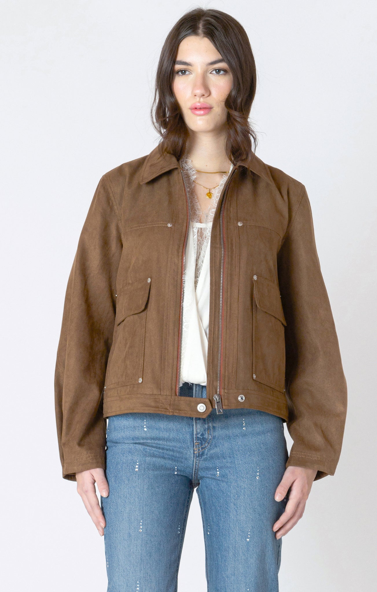 Dex Faux Suede Bomber Jacket CAFE