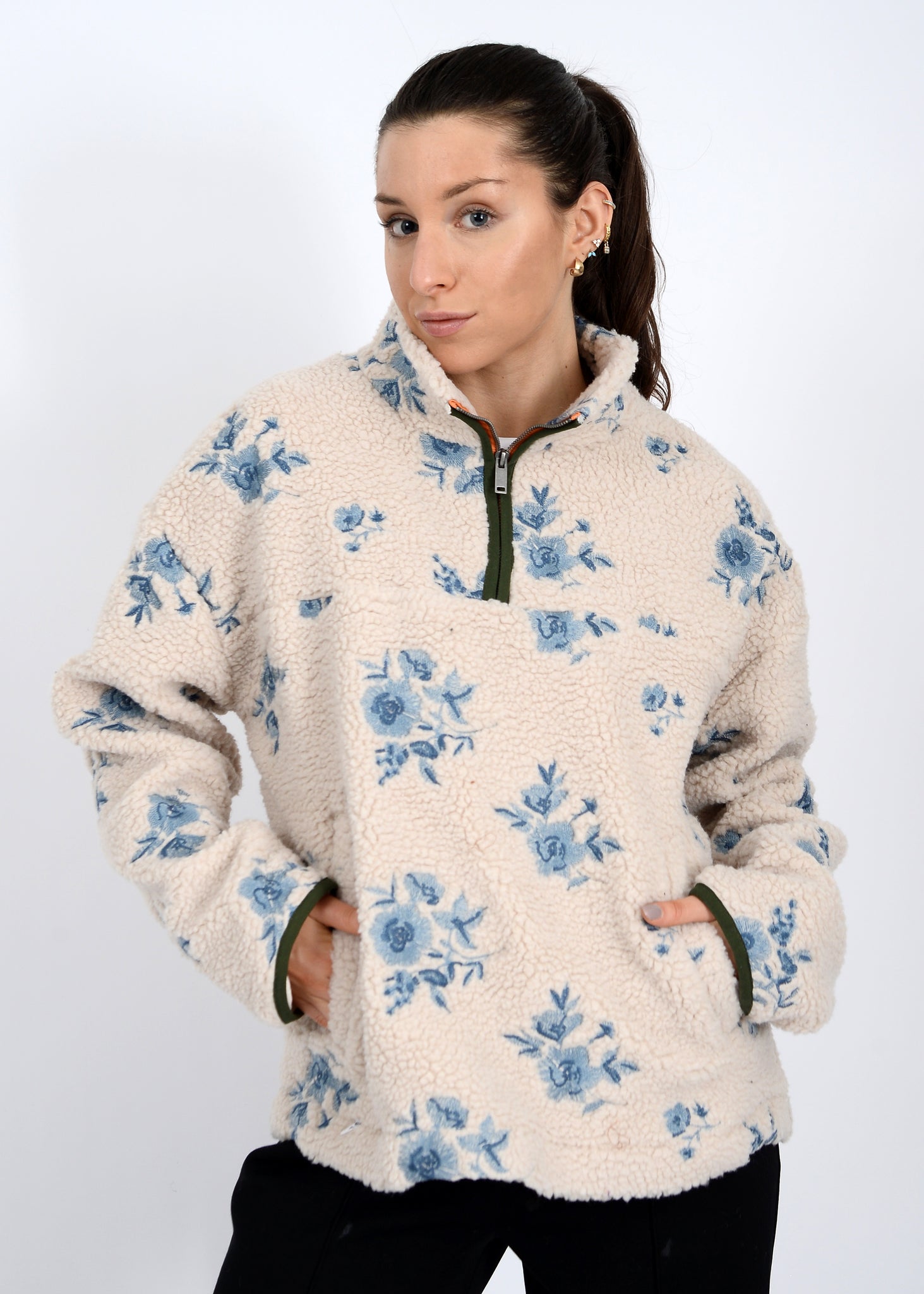RD Style Poppy Floral Fleece 1/2 Zip CRM BLU