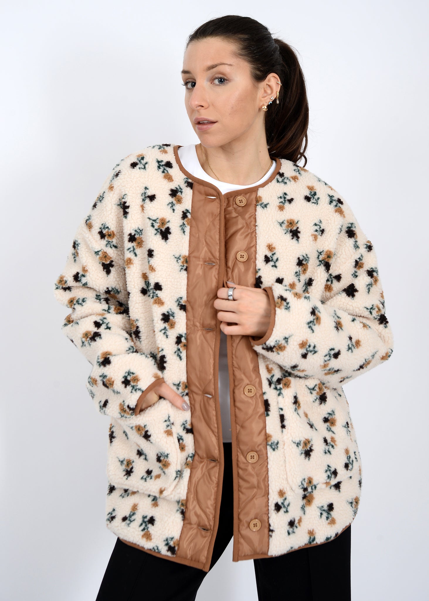 RD Style Sophia Sherpa Button Front Jacket CRM FLORAL