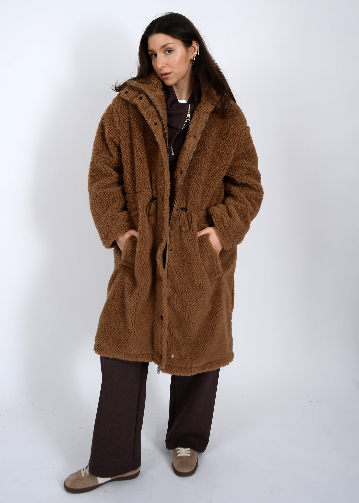 RD Style Mila Long Sherpa Drawstring Waist Jacket CARAMEL