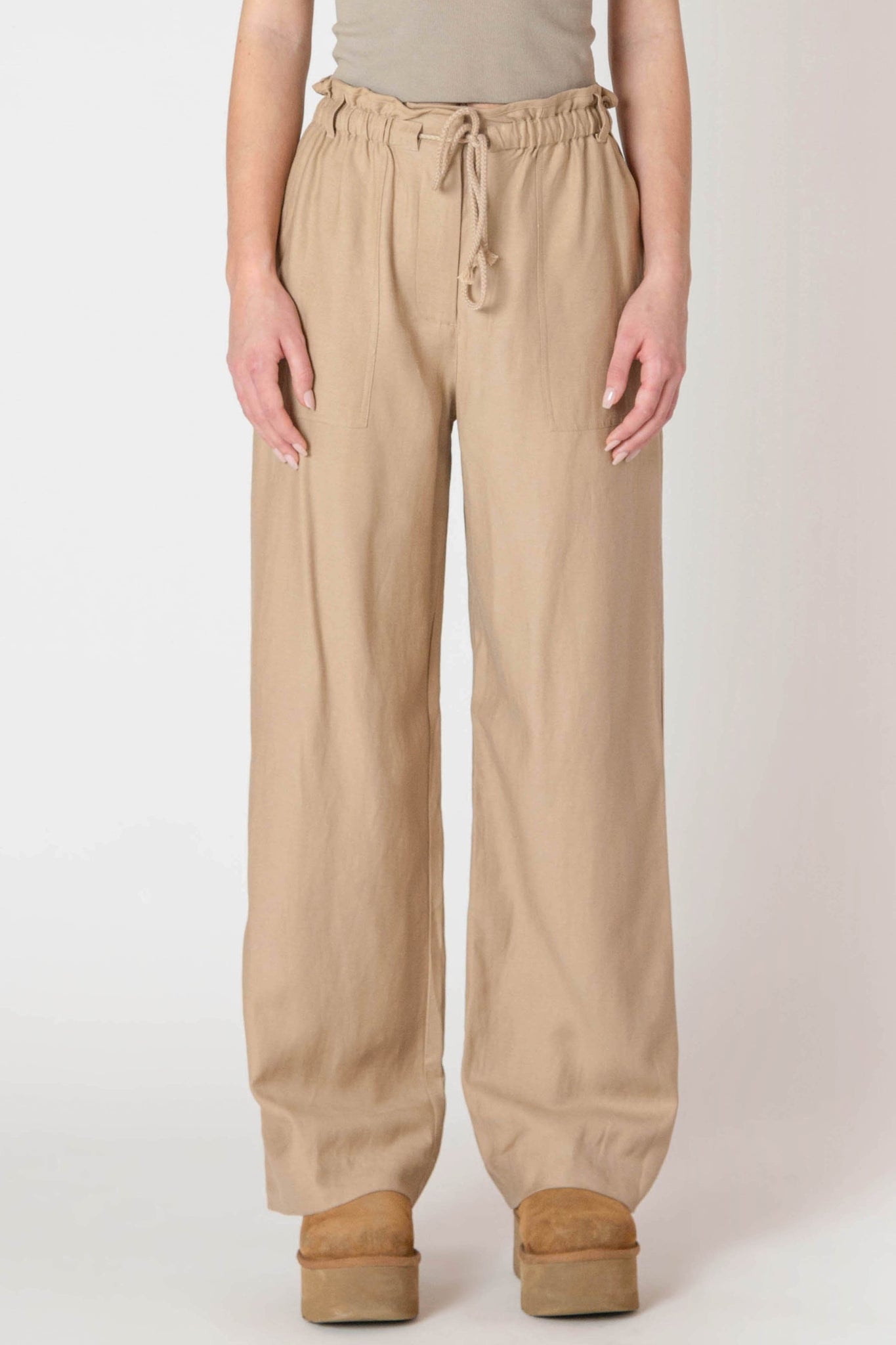 Room34 Elastic Waist Wide Leg Flowy Pants SAFARI