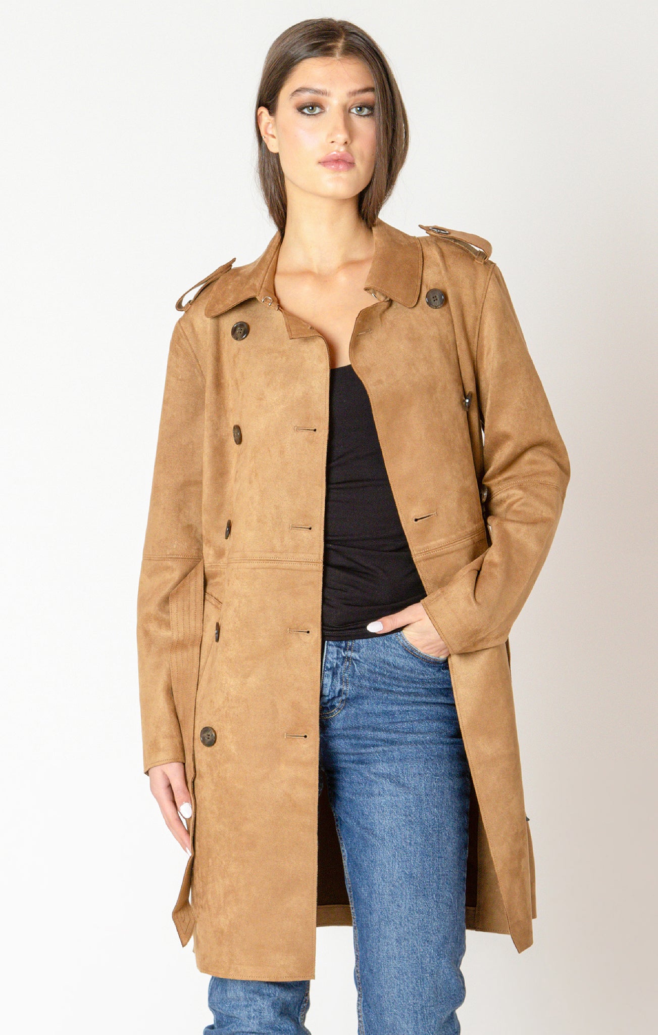 Black Tape Faux Suede Belted Trench CAMEL