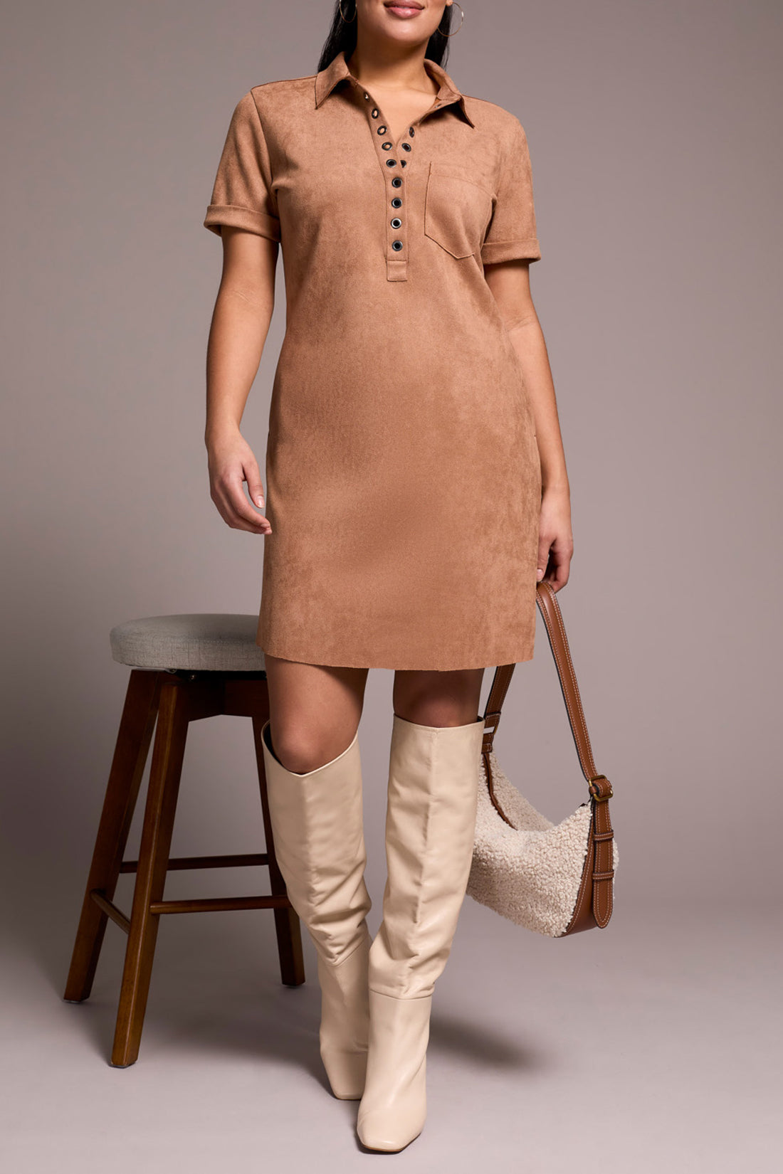 Tribal S/S Eyelet Detail Suede Dress ALMOND