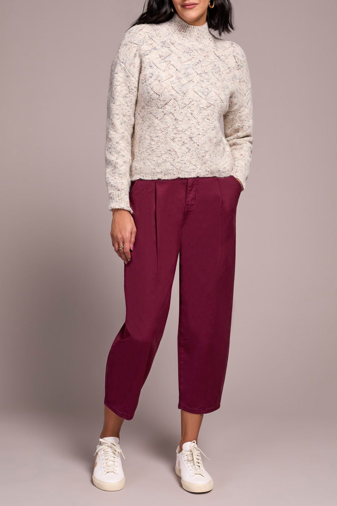 Tribal Mock Neck Puff Sleeve High Low Sweater CRM