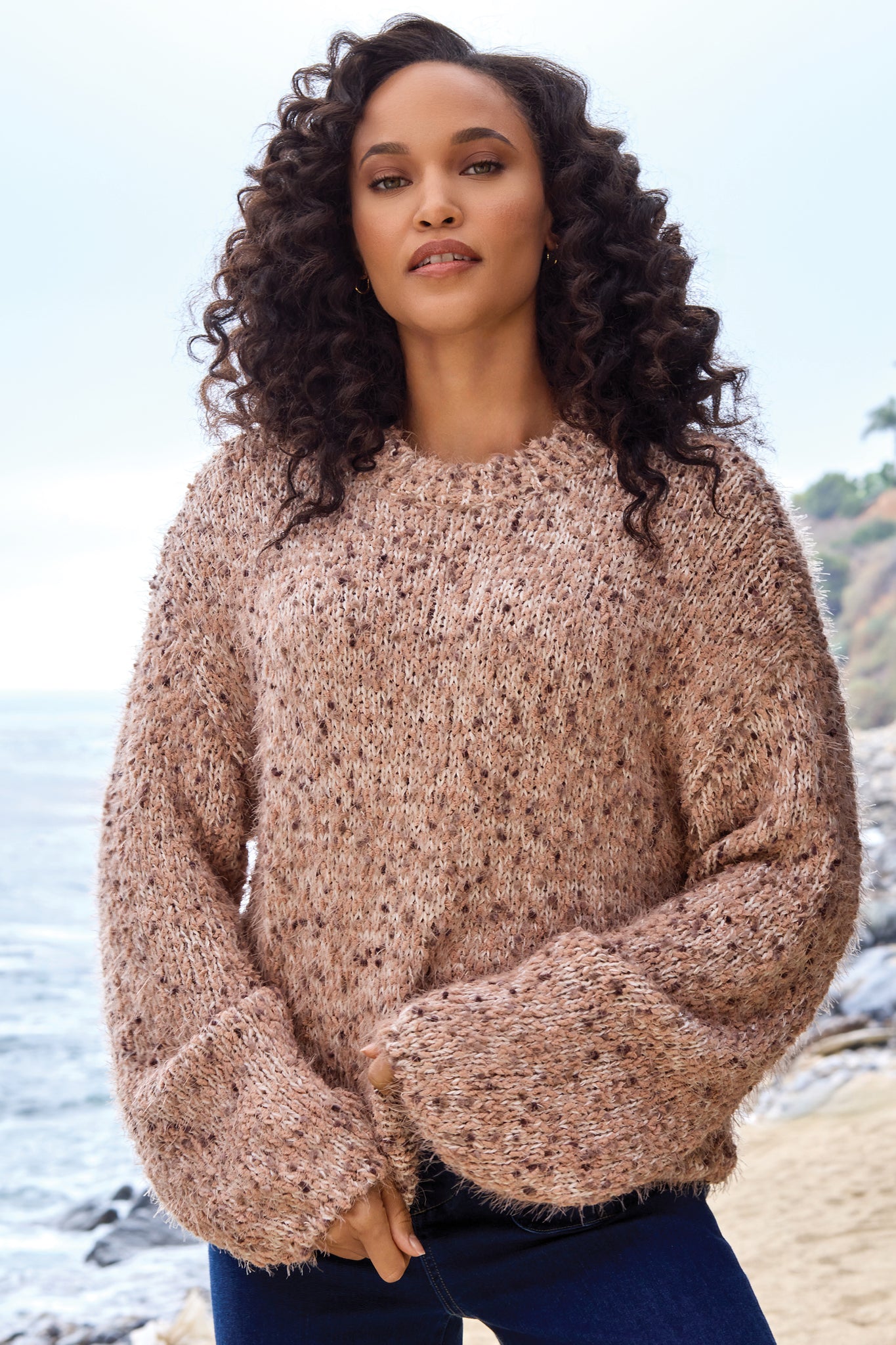 Tribal Crew Neck Puff Sleeve Sweater ALMOND