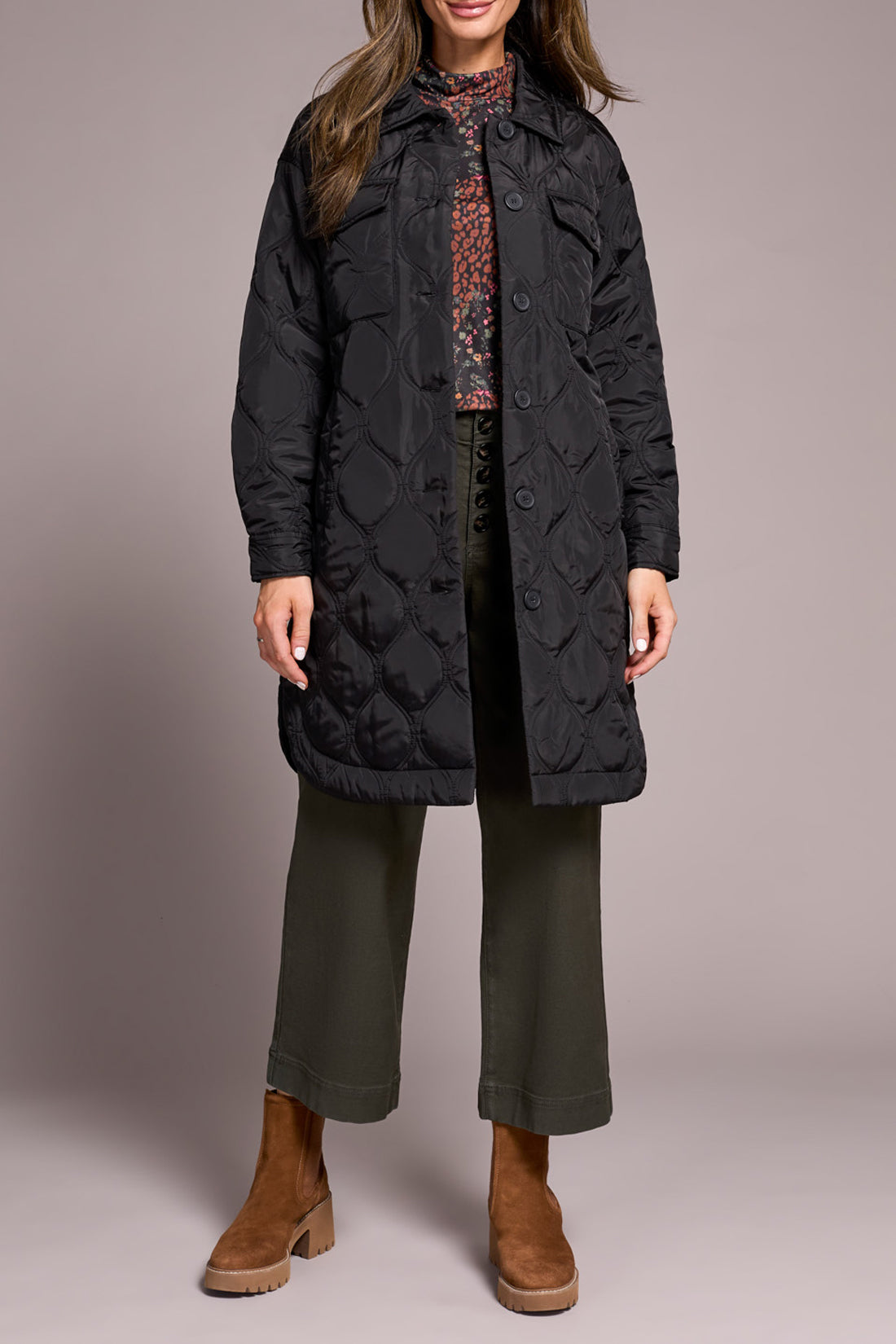 Tribal Long Quilted ButtonUp Jacket BLK