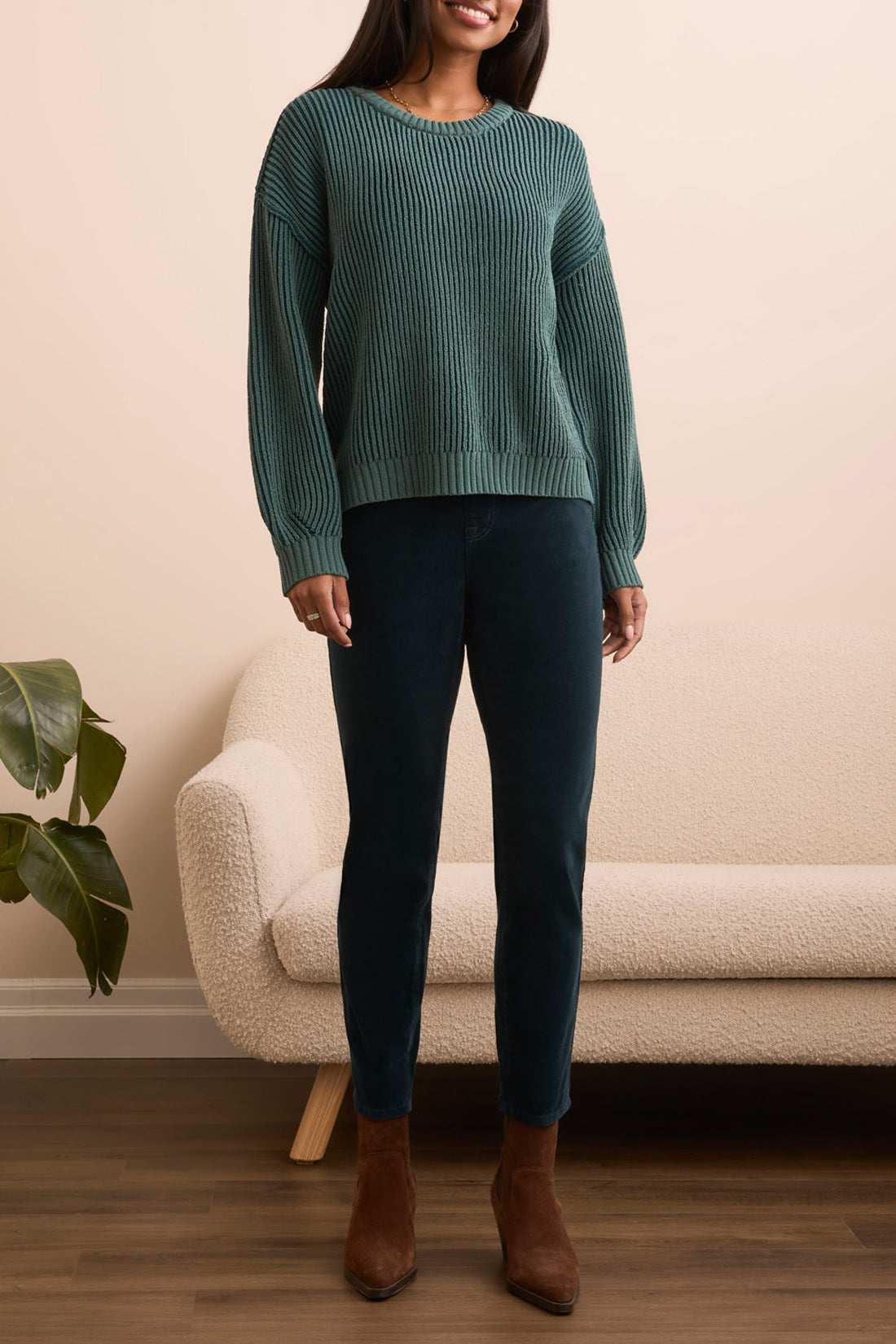 Tribal Crew Neck w. Side Slits Sweater PINE