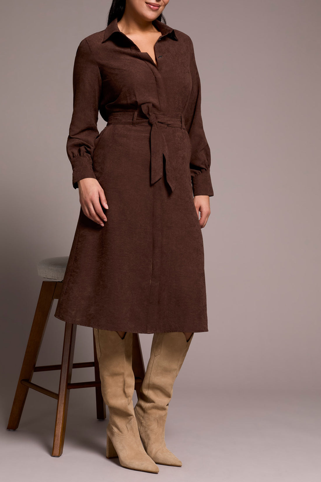 Tribal Long Sleeve Belted Shirt Dress COCOA