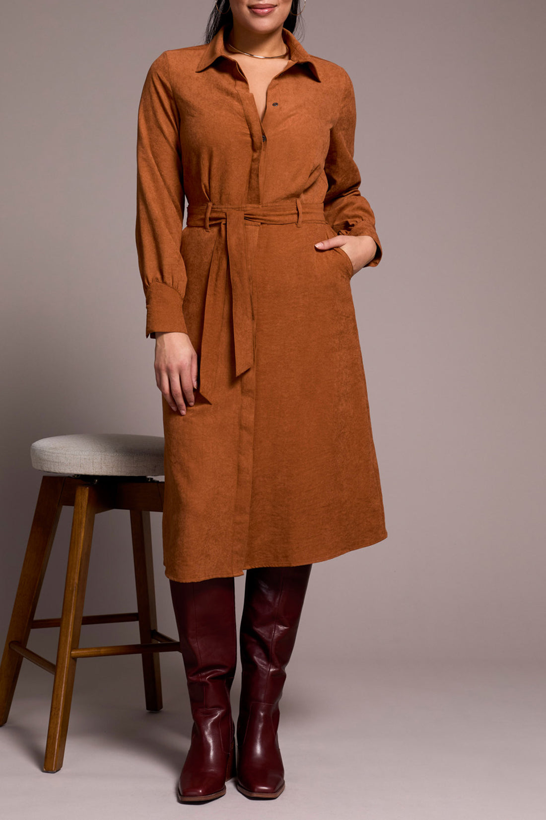 Tribal Long Sleeve Belted Shirt Dress SPICE