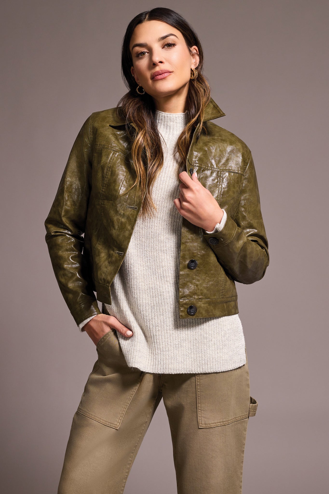 Tribal Faux Leather Button Front Coat OLV