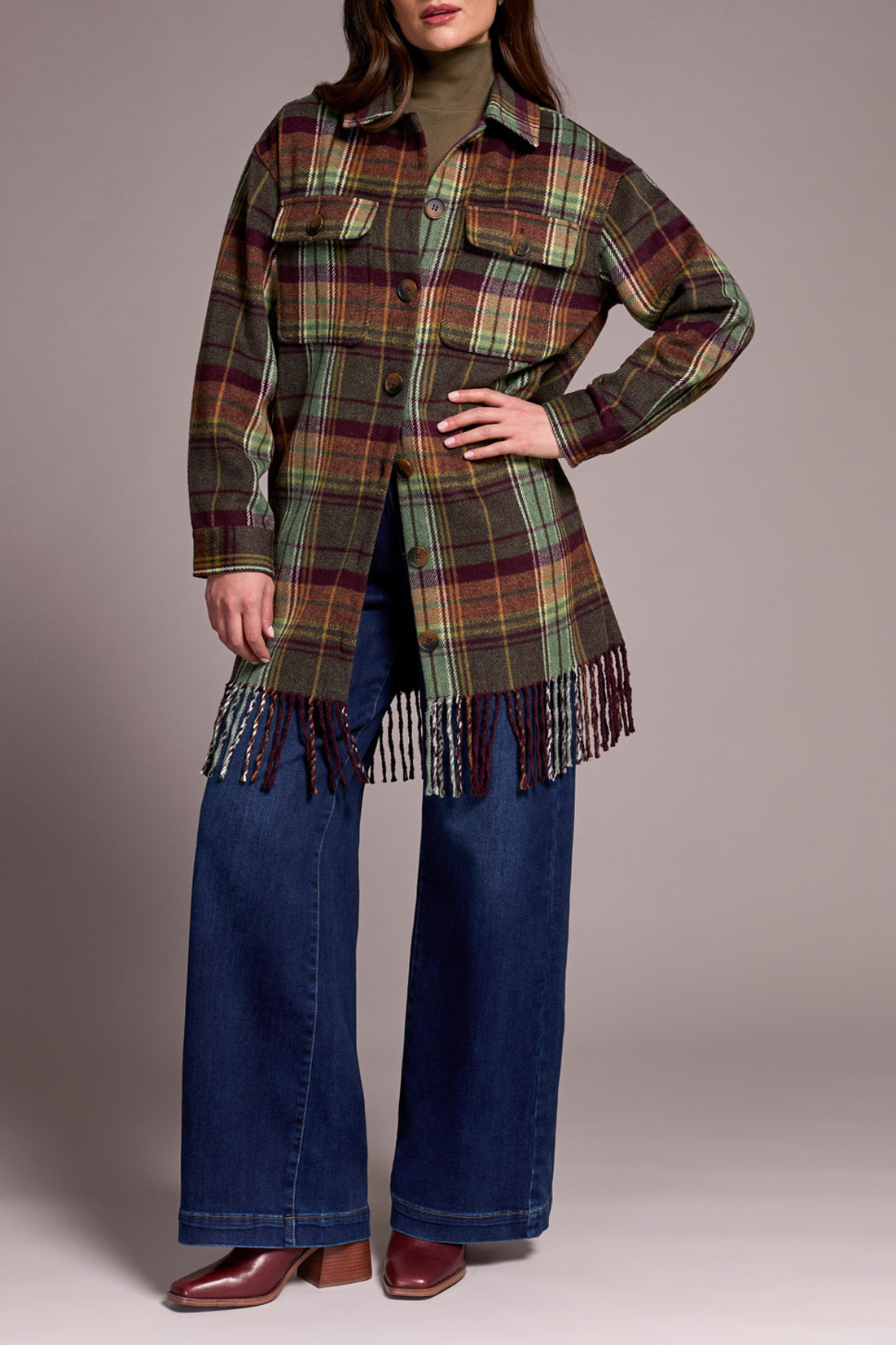 Tribal Plaid Button Front Fringe Hem Jacket PLUM