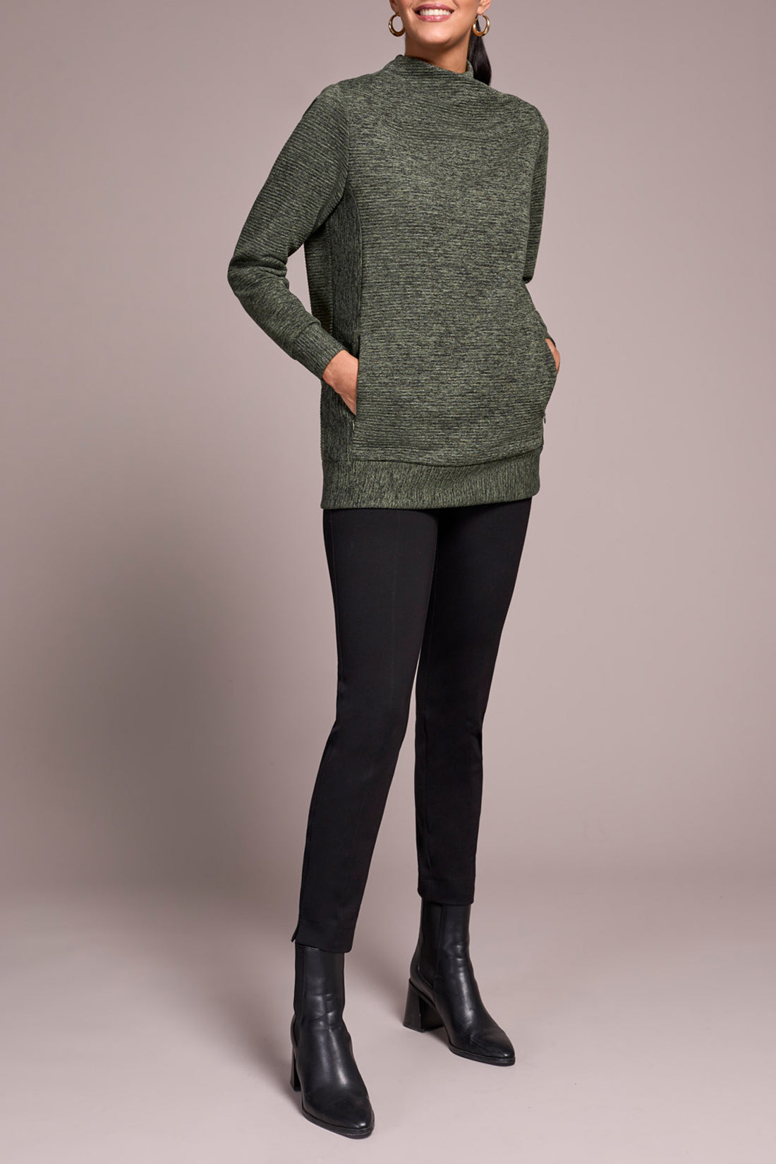 Tribal L/S Mock Neck w. Invisible Pockets Tunic CHIVE
