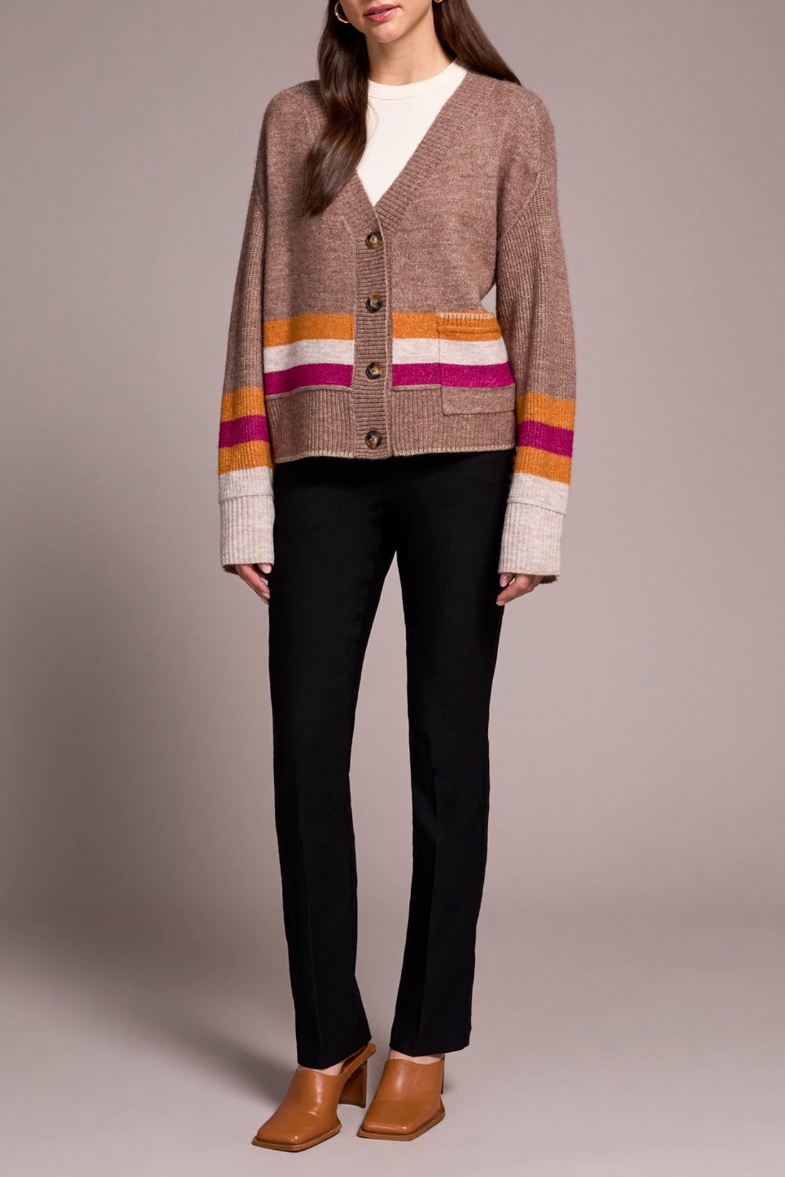 Tribal Front Patch Pocket Stripe Cardigan MOCHA