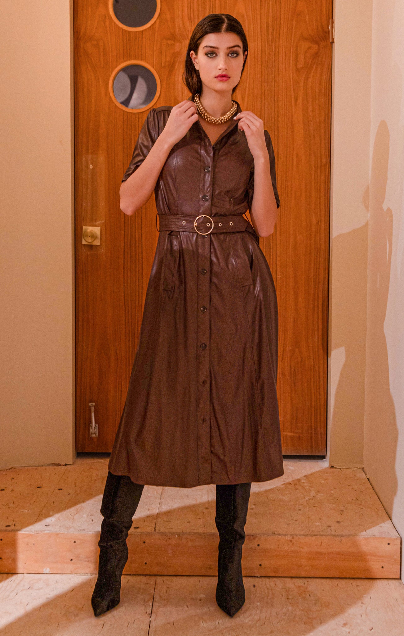 Black Tape Belted Shirt Dress MAHOGANY